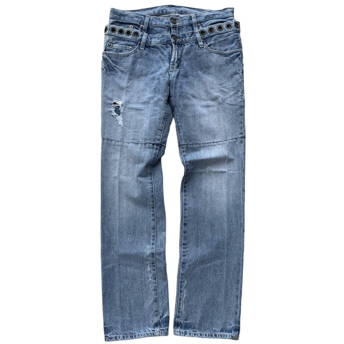 image of 2000S Ppfm Double Waist Studded Distressed Jeans in Blue Wash, Men's (Size 31)