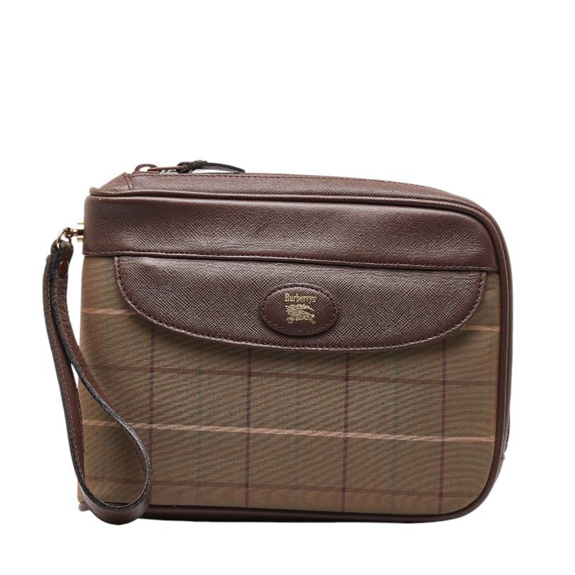 image of Burberry Check Pouch Second Bag Khaki Brown Canvas Leather Women's in Green