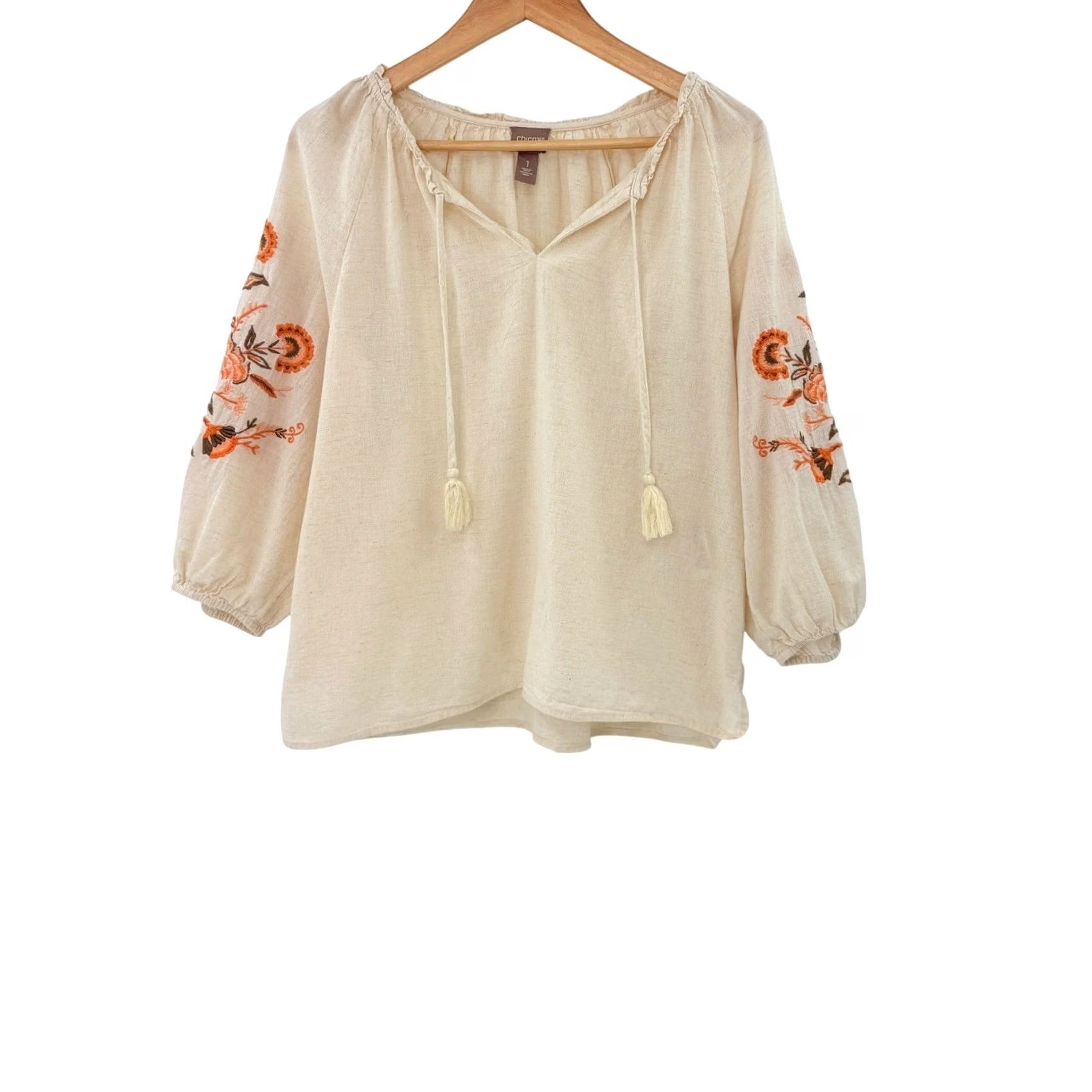 Vintage Chicos Beig*e?* Embroidered Floral Tassels V-Neck Boho Tunic Top Size 1 Women Shirt Size XS / US 0-2 / IT 36-38 - 2 Thumbnail