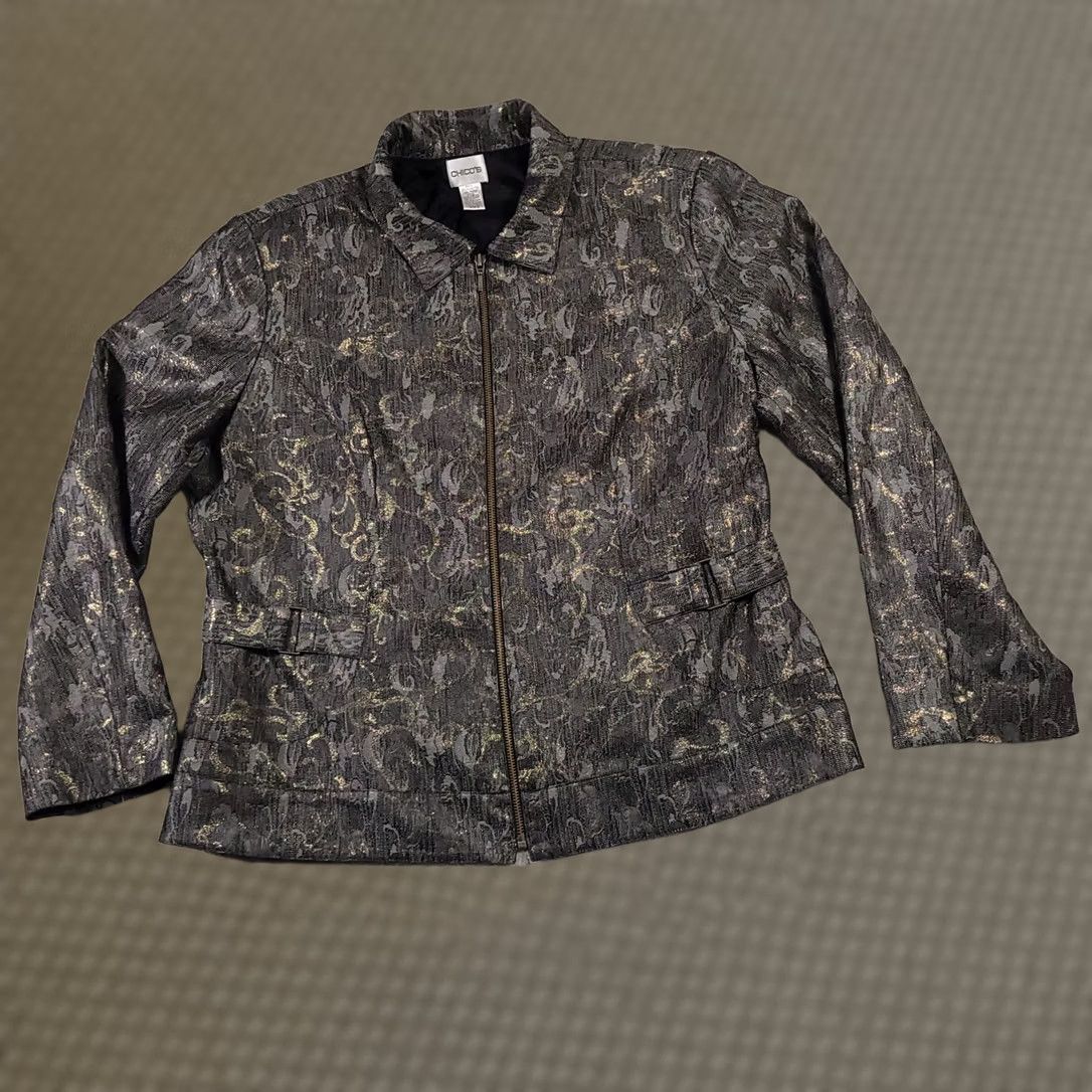 Vintage Chico's Jacket Women's XL Gold Gray Metallic Full Zip Blazer Tapestry Lined Size XL / US 12-14 / IT 48-50 - 1 Thumbnail
