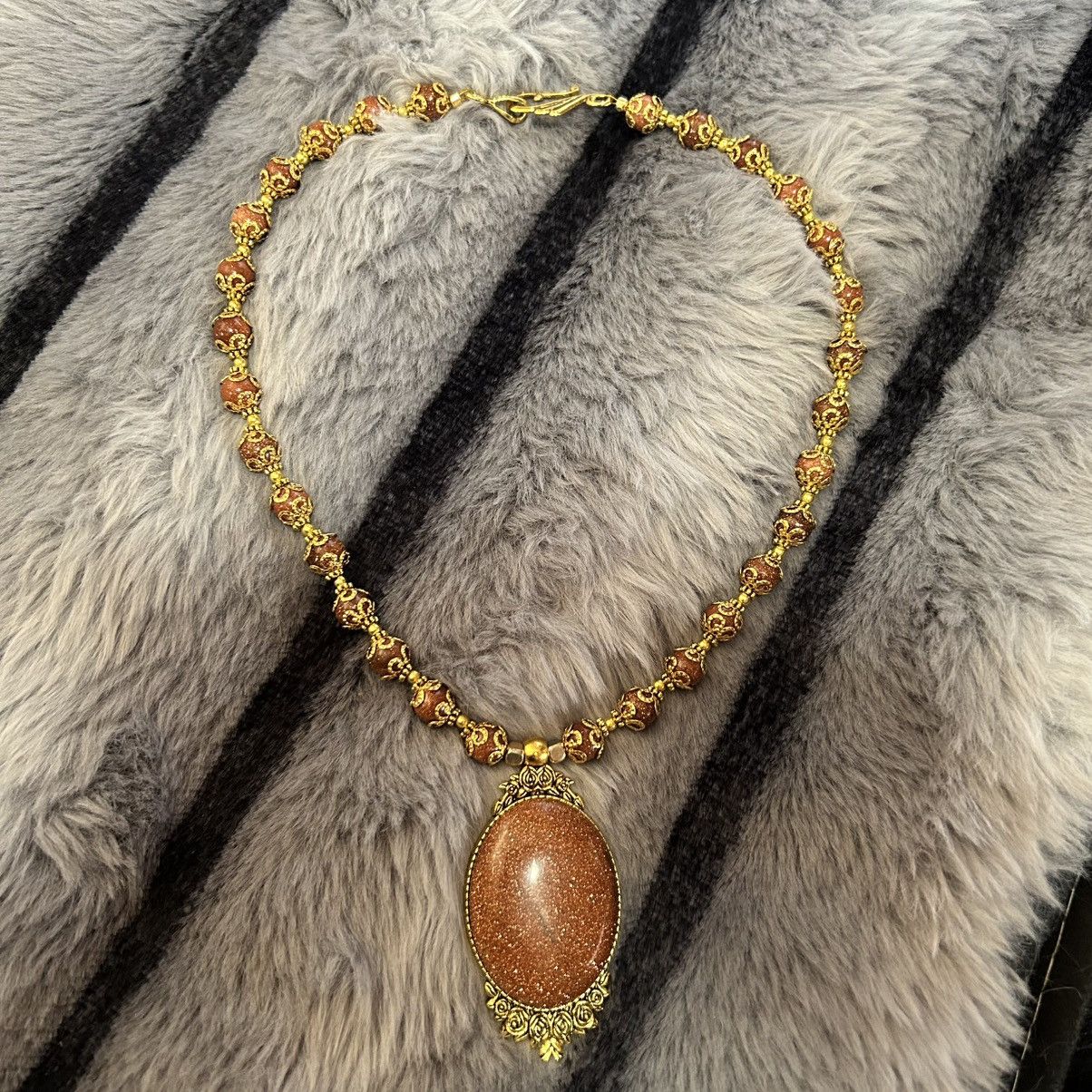 Handmade Handcrafted elegant goldstone cameo framed bead necklace Size ONE SIZE - 5 Thumbnail