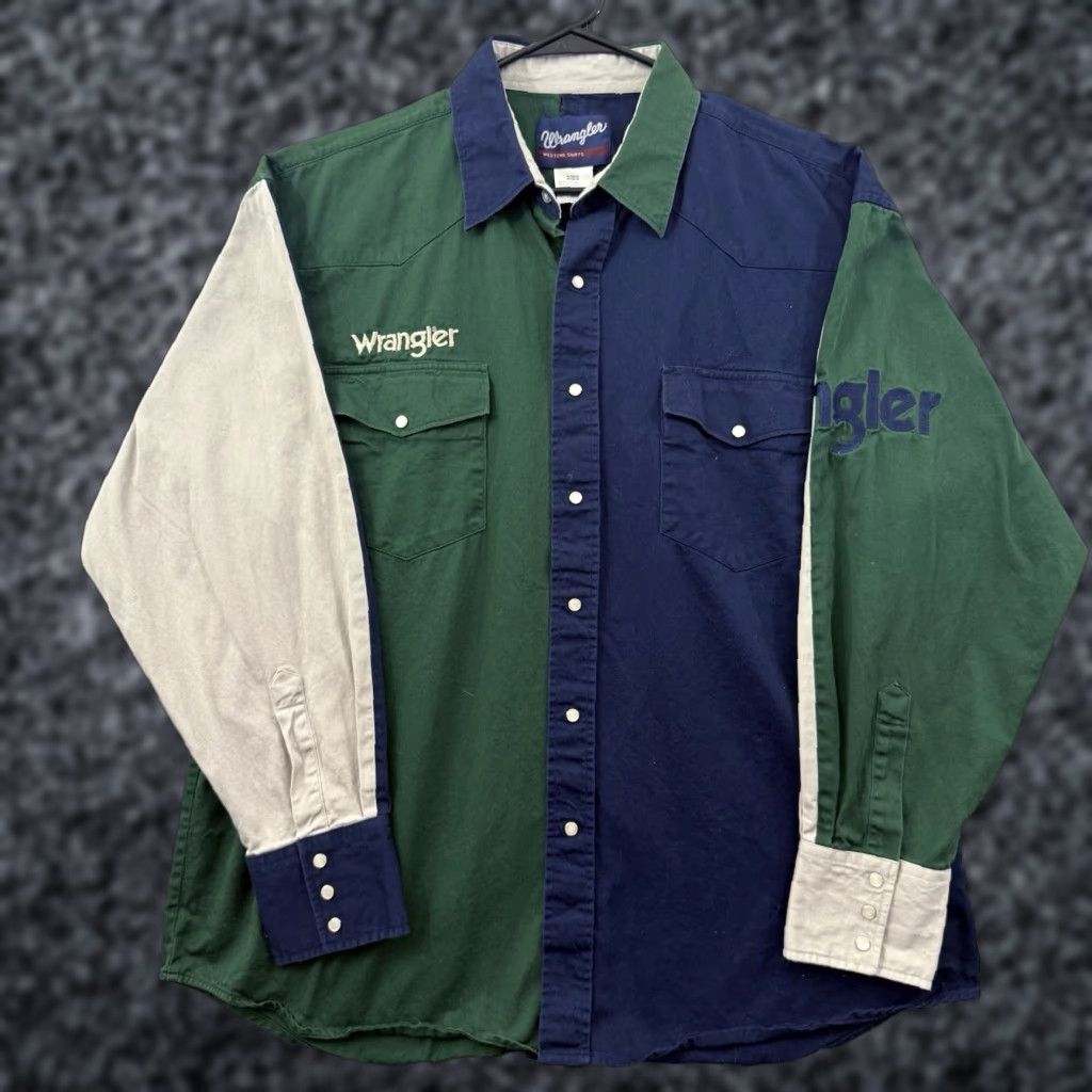 VINTAGE Wrangler Shirt Mens XL Blue Green Beige Pearl Snap Colorblock Western Cowboy