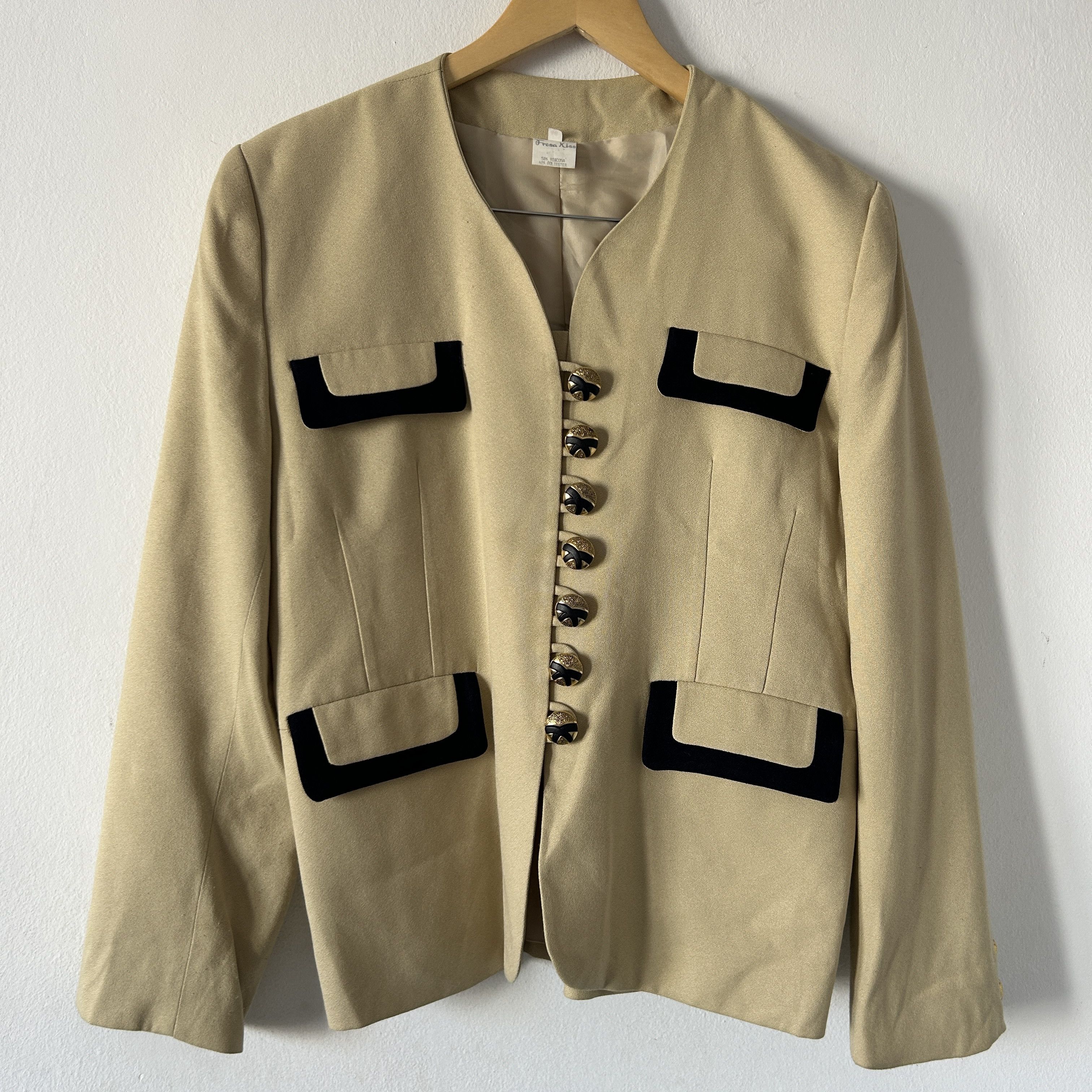 Vintage Vintage 90s Beige Collarless Blazer Navy Blue Trim Size XL / US 12-14 / IT 48-50 - 9 Thumbnail