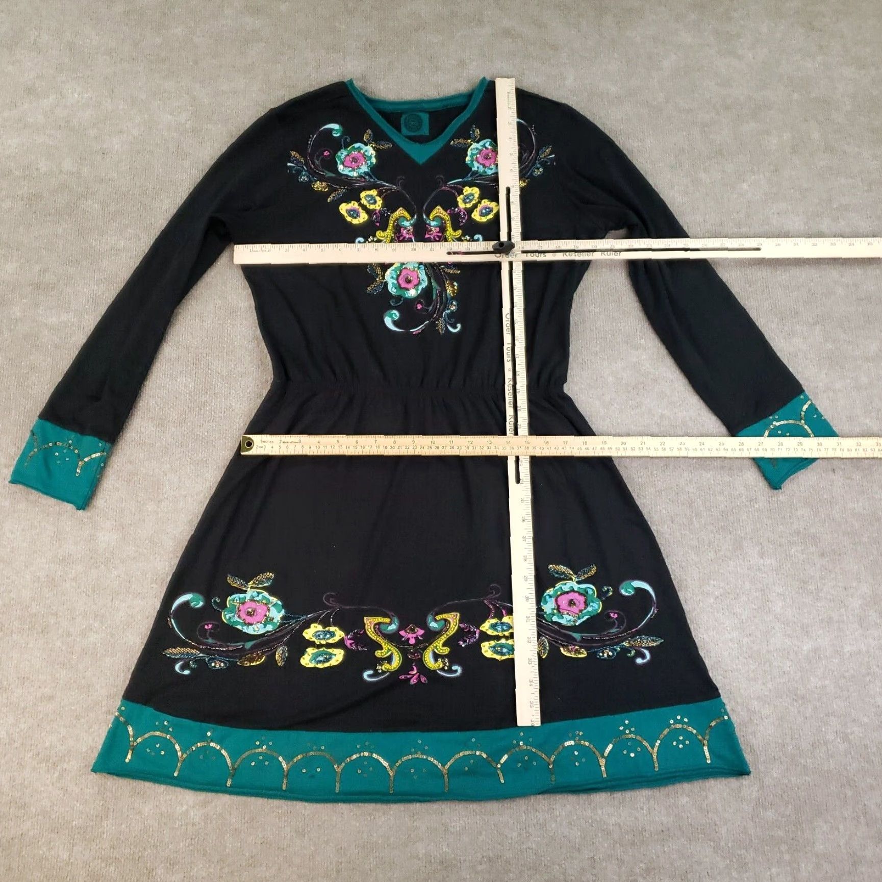 Doublet Double D Ranch Dress Womens Large Black Embroidered Embellished Beaded Sequin Floral V-Neck Knit Cotton Spandex Cowgirl Western Bohemian Size L / US 10 / IT 46 - 2 Thumbnail