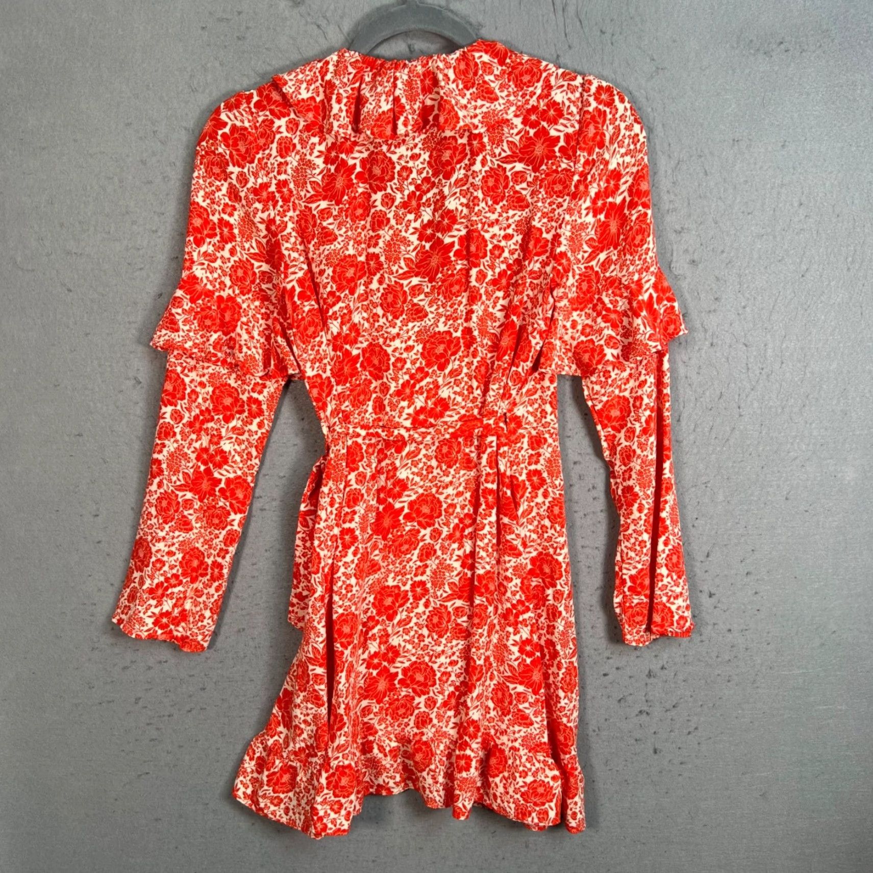 Topshop Topshop Women 4 Red White Floral Wrap Dress Viscose Long Sleeve Ruffle Hem Size S / US 4 / IT 40 - 2 Thumbnail