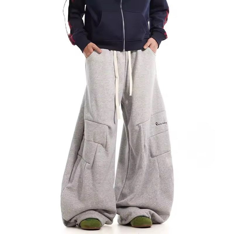 Elastic Waist Padded Pleated Casual Sweatpants Wide leg