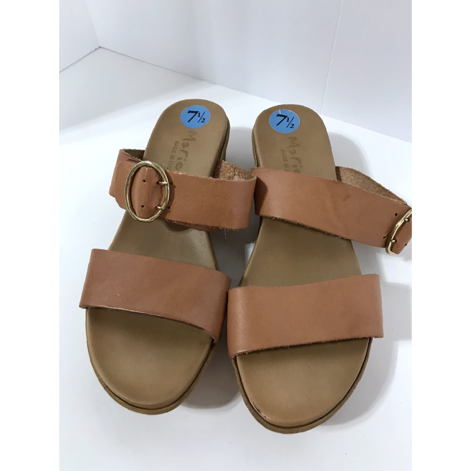 Vintage Mariella Beige Leather Adjustable Buckle 2in Wedge Slides Womens Size 7.5 Italy Size US 8 / IT 38 - 2 Thumbnail