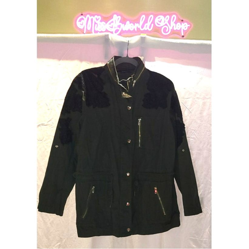 Other Denim Army Green Military Jacket Lace Patches ZipUp Size 20W Size 3XL / US 20-22 - 1 Thumbnail