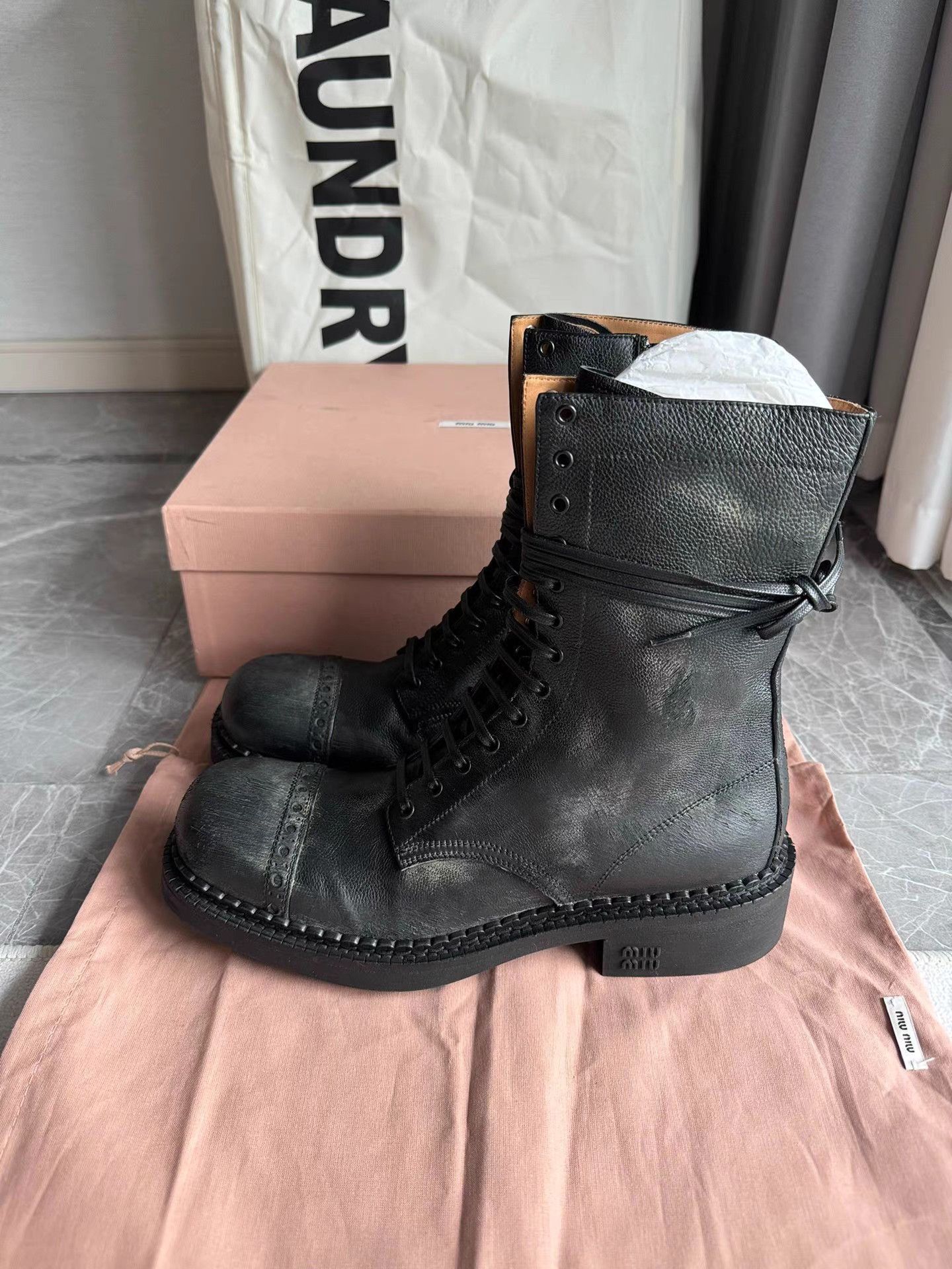 Miu Miu Black Leather Combat Boots Size 7 Size US 7 / EU 40 - 1 Thumbnail