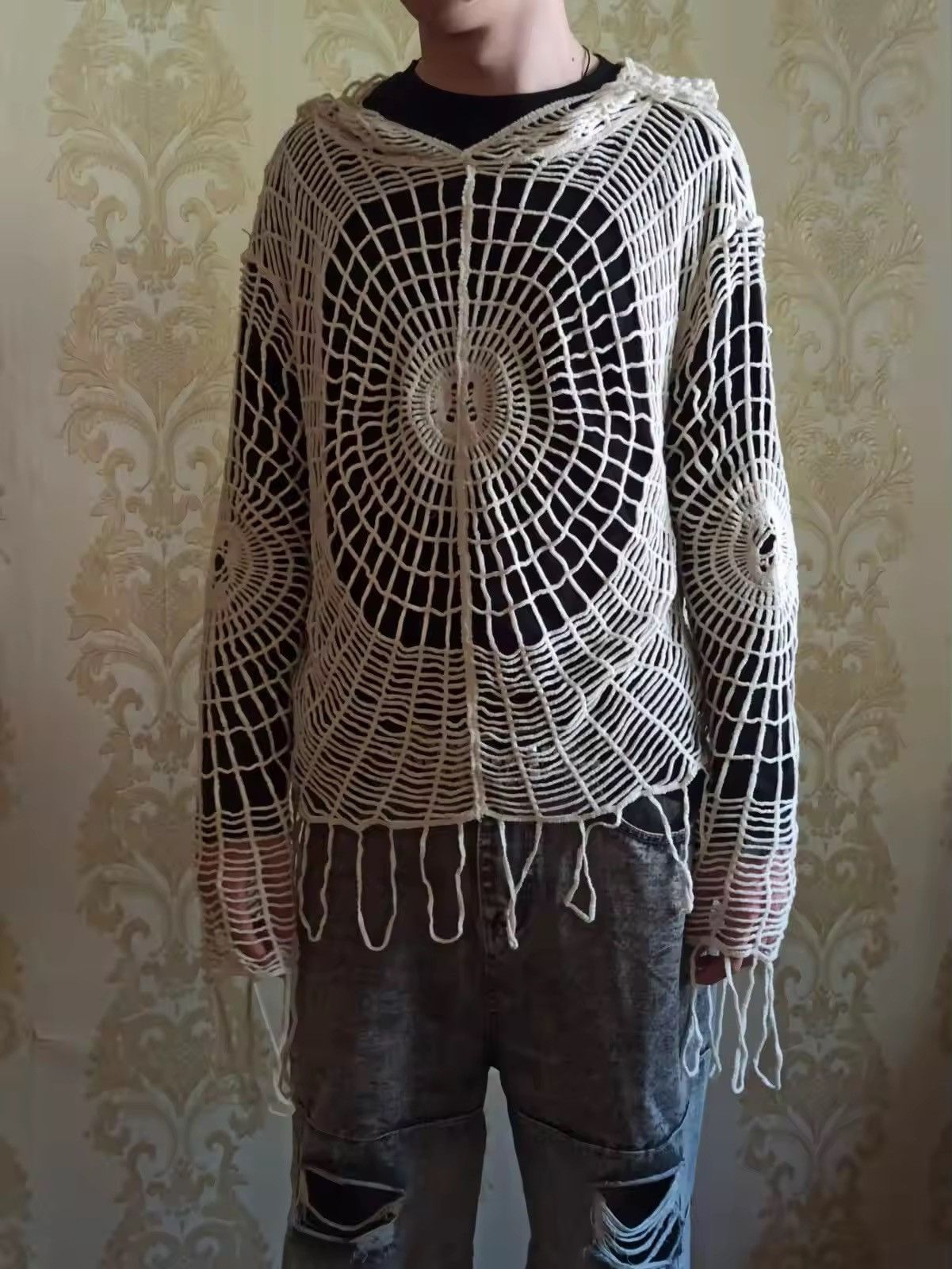 Japanese Brand Spider Web Tops Hollow Hole Design Hooded Pullover Knitwear Size US S / EU 44-46 / 1 - 3 Thumbnail
