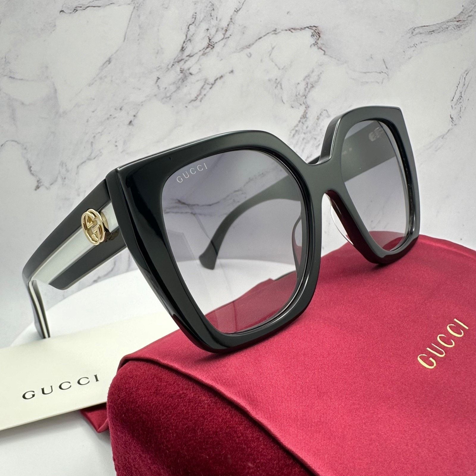 Gucci New GUCCI Sunglasses Black Square Gold Metal GG Web Arms Size ONE SIZE - 10 Thumbnail