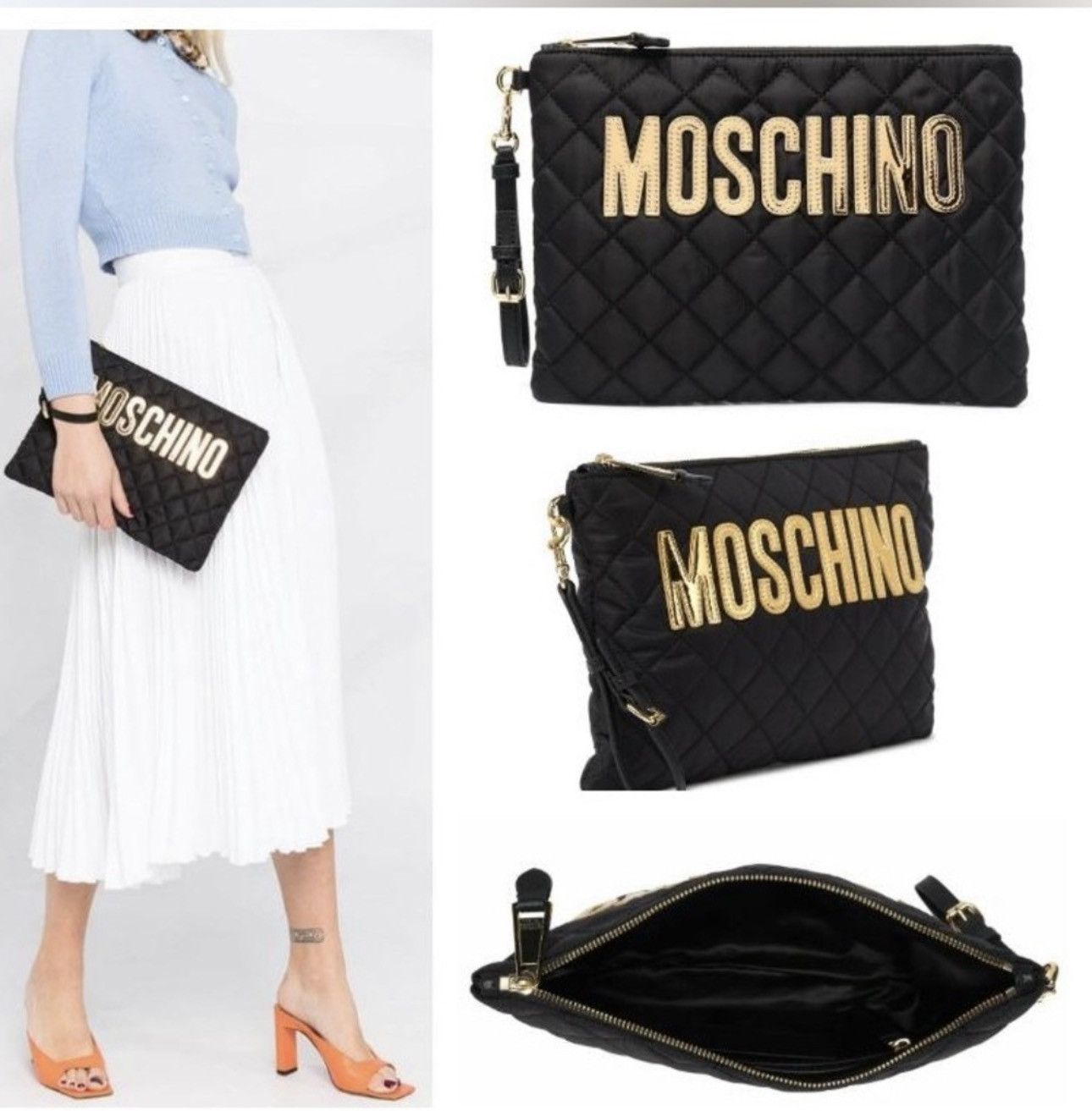 Moschino Moschino Black Quilted Wristlet with Gold Logo Size ONE SIZE - 1 Thumbnail