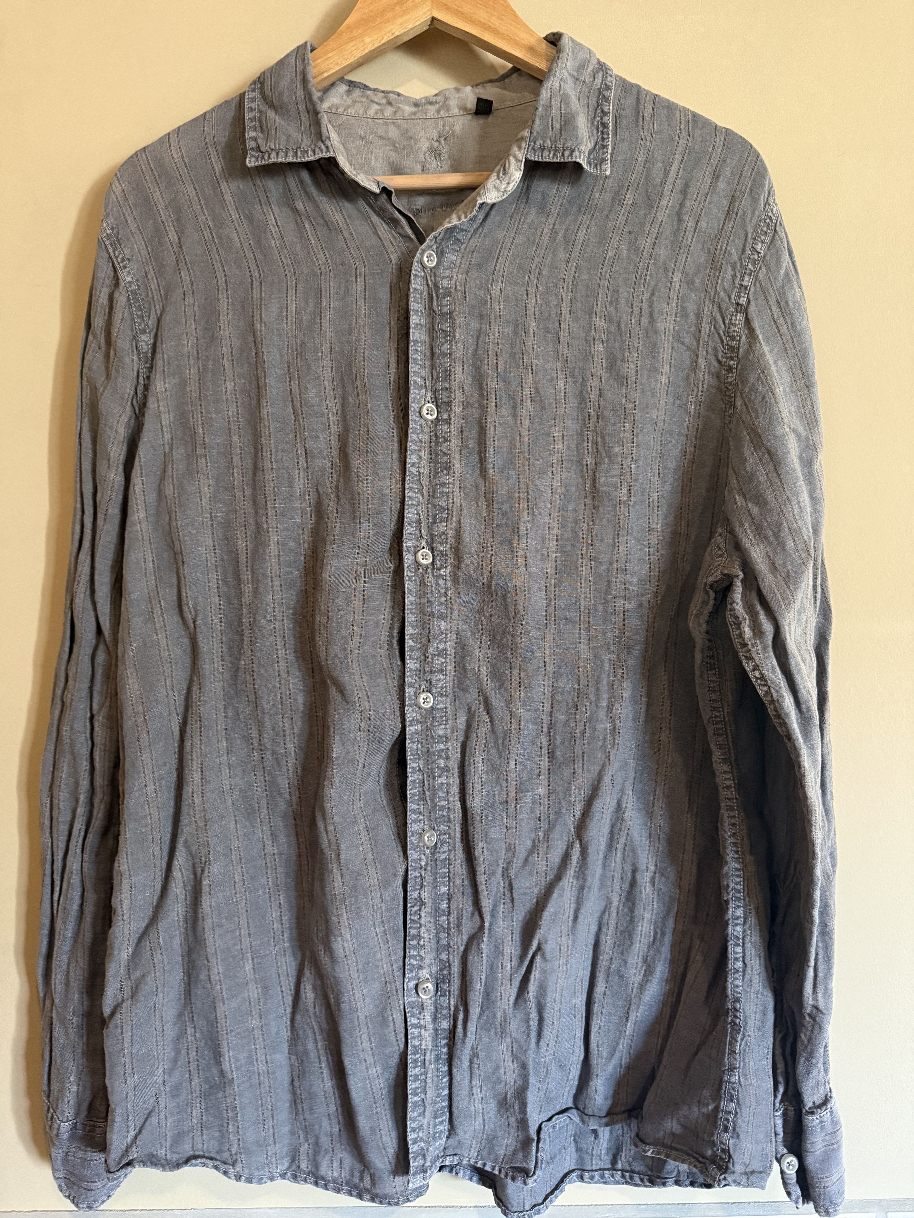 Raffi Raffi Pure Linen Grey Striped L/S Shirt, Men's Large Size US L / EU 52-54 / 3 - 1 Thumbnail