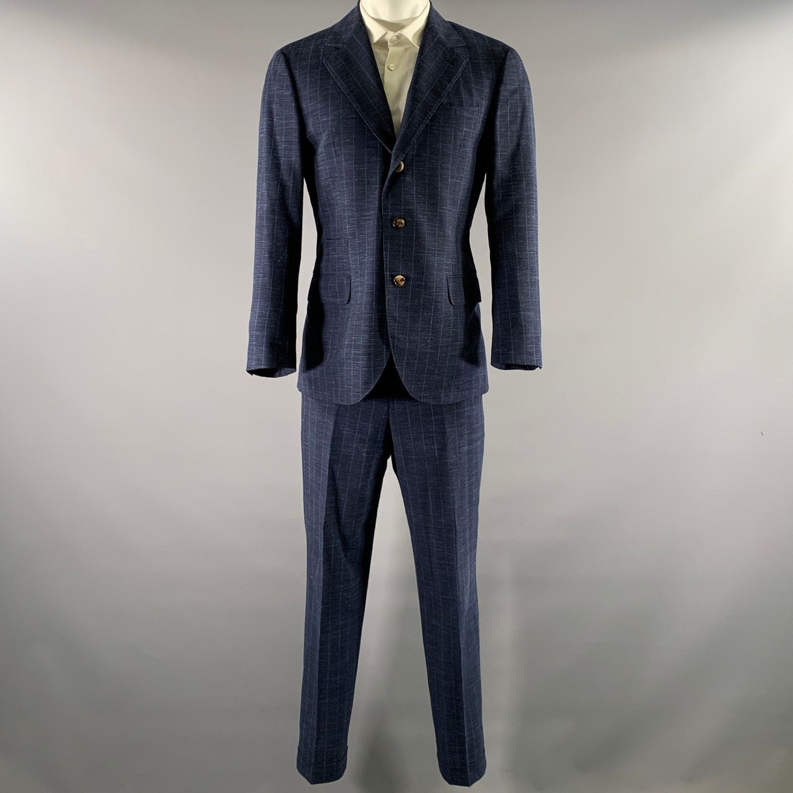Brunello Cucinelli BRUNELLO CUCINELLI 38 Navy Window Pane Wool Blend Suit Size 38R - 2 Thumbnail