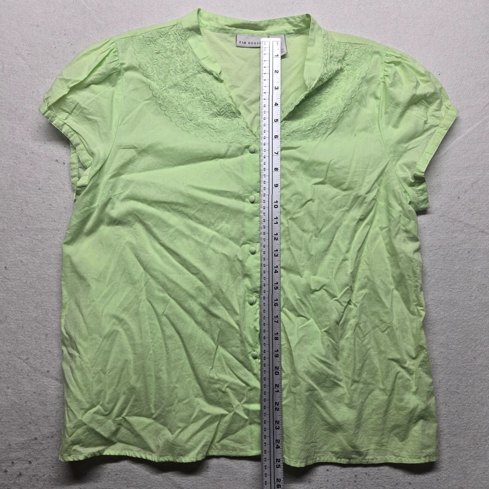 Vintage Kim Rogers Shirt Green Linen Tunic Top Women XL Short Sleeve Button Down V-Neck Fall Spring Summer Pullover Peasant Style Size XL / US 12-14 / IT 48-50 - 4 Thumbnail