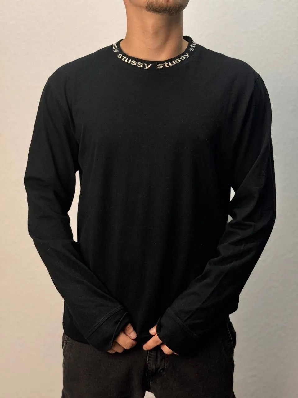 Stussy Black Crew Neck Logo Long Sleeve Size L