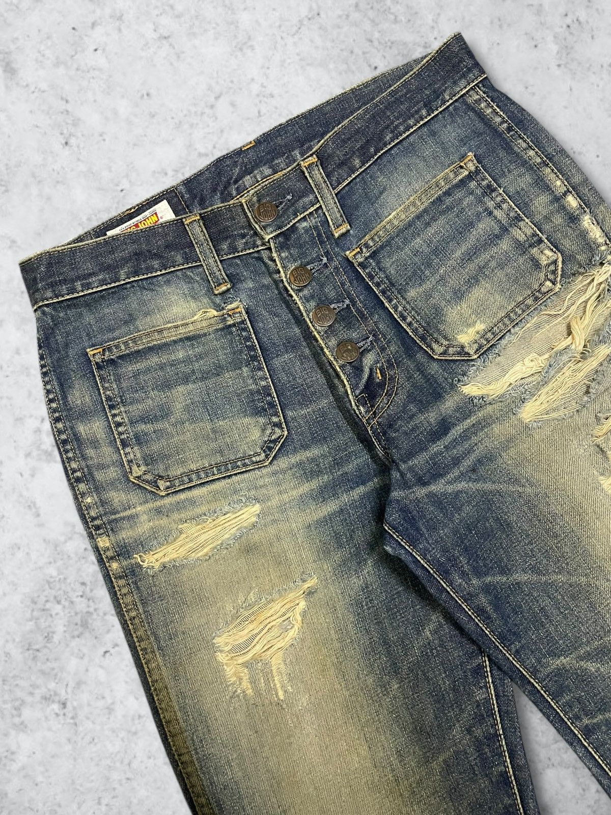 Big John Vintage Big John Distressed Mud Wash Flare Bush Button Jeans Size 30" / US 8 / IT 44 - 6 Thumbnail