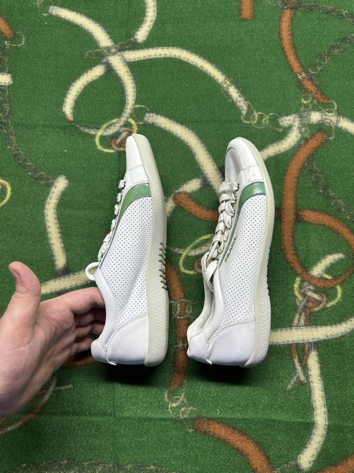 Prada Prada Milano White Green Perforated Leather Sneakers 36,5 Size US 6.5 / IT 36.5 - 3 Thumbnail