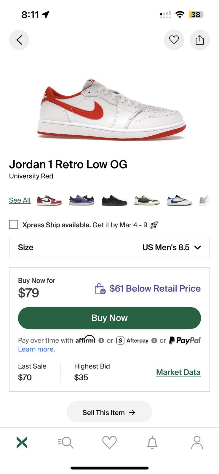Jordan Brand Jordan 1 Low OG White Red Sneakers Size US 8.5 / EU 41-42 - 7 Thumbnail