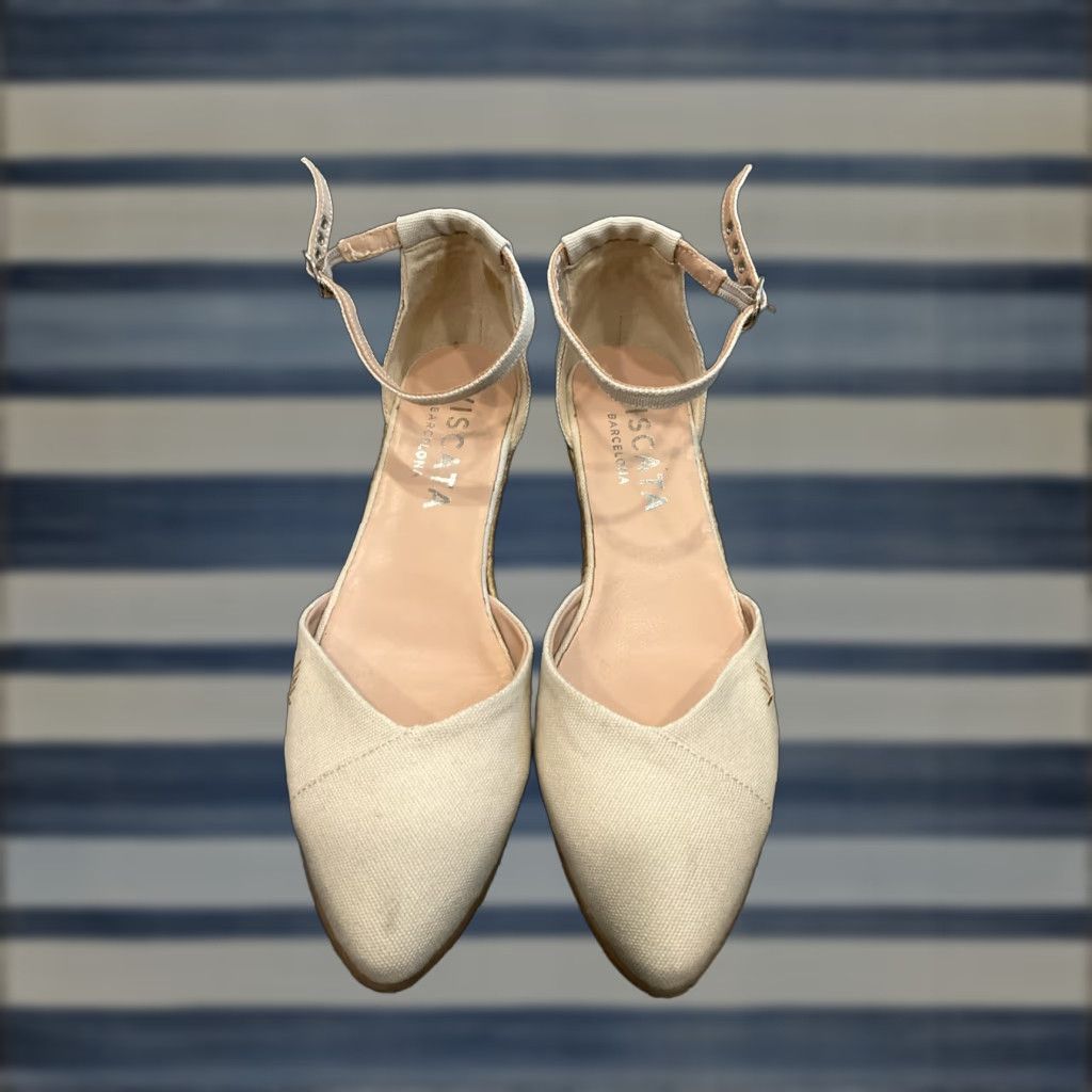 Viscata Canvas Espadrille White & Pink Size 8.5 Women Close Toe Buckle Wedge Heel Casual Party Wedding Bohemian Nature Espadrille