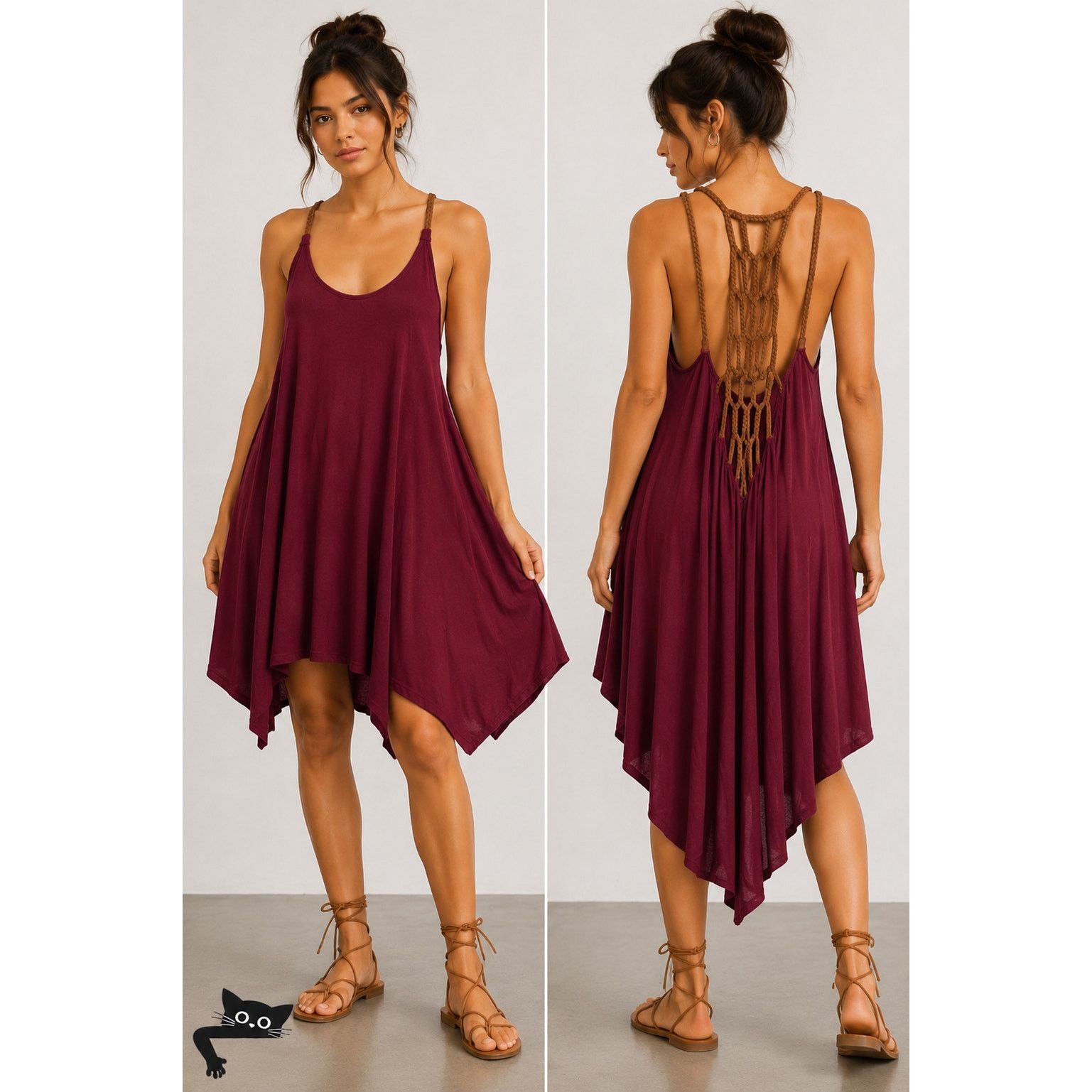 Other Sky Burgundy Scoop Neck Braided Leather Back Strap Dress XS Size XS / US 0-2 / IT 36-38 - 3 Thumbnail