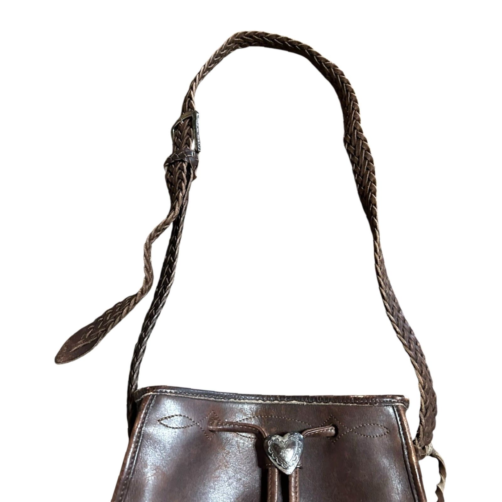 Brighton VINTAGE Brighton Western Crossbody Purse Hearts Leather Brown Conchos Damaged Women Crossbody Bag Medium Brown Leather, Silver Hardware Women Size ONE SIZE - 6 Thumbnail