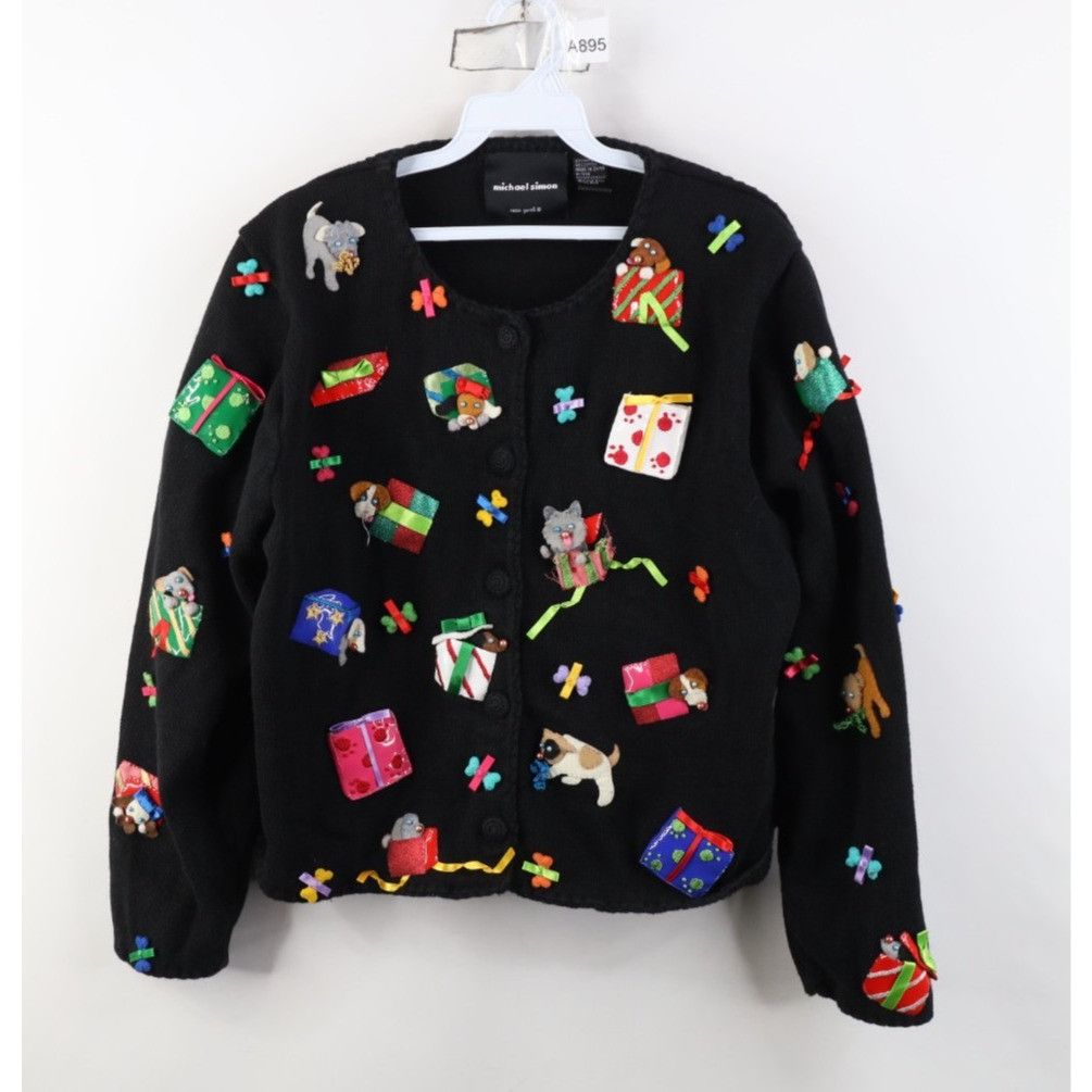 Vintage Vintage Y2K Michael Simon Christmas Dog Cardigan Sweater Size L / US 10 / IT 46 - 1 Thumbnail