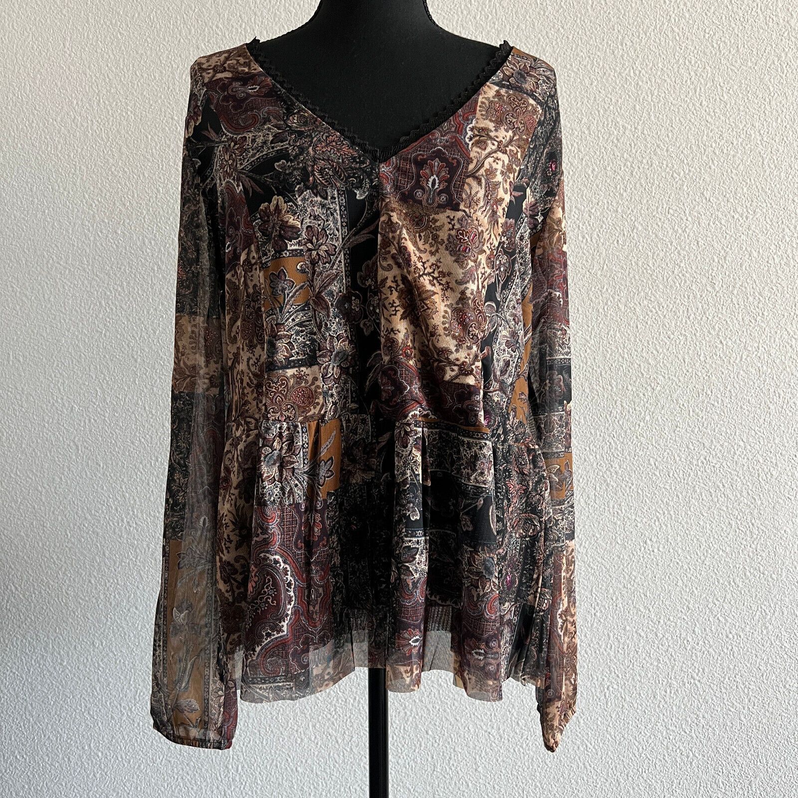Desigual Shirt Womens US Large Boho Mesh Brown Paisley