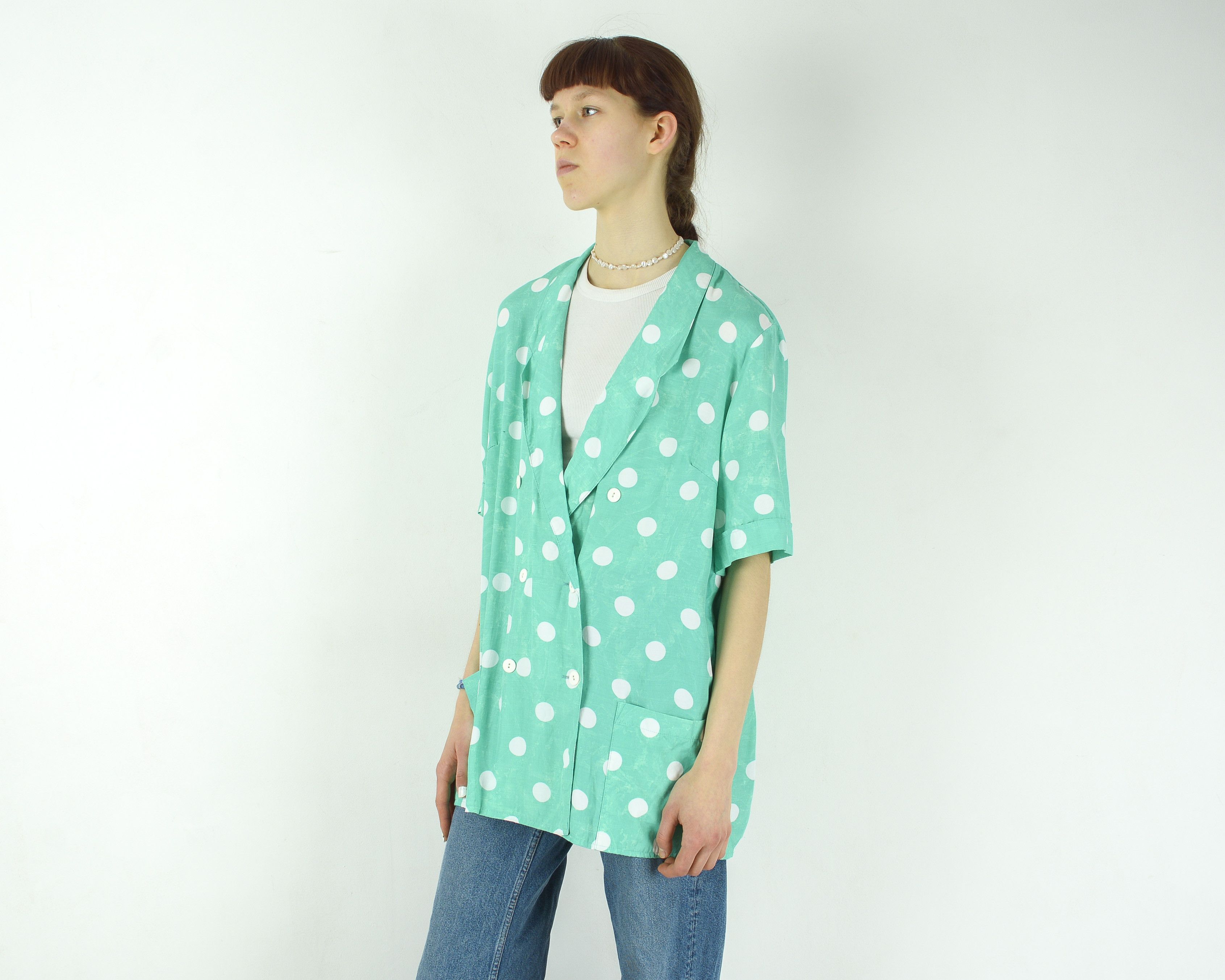 Vintage Polka Dot Button Up Shirt Blouse Short Sleeved V-Neck Top Size L / US 10 / IT 46 - 2 Thumbnail