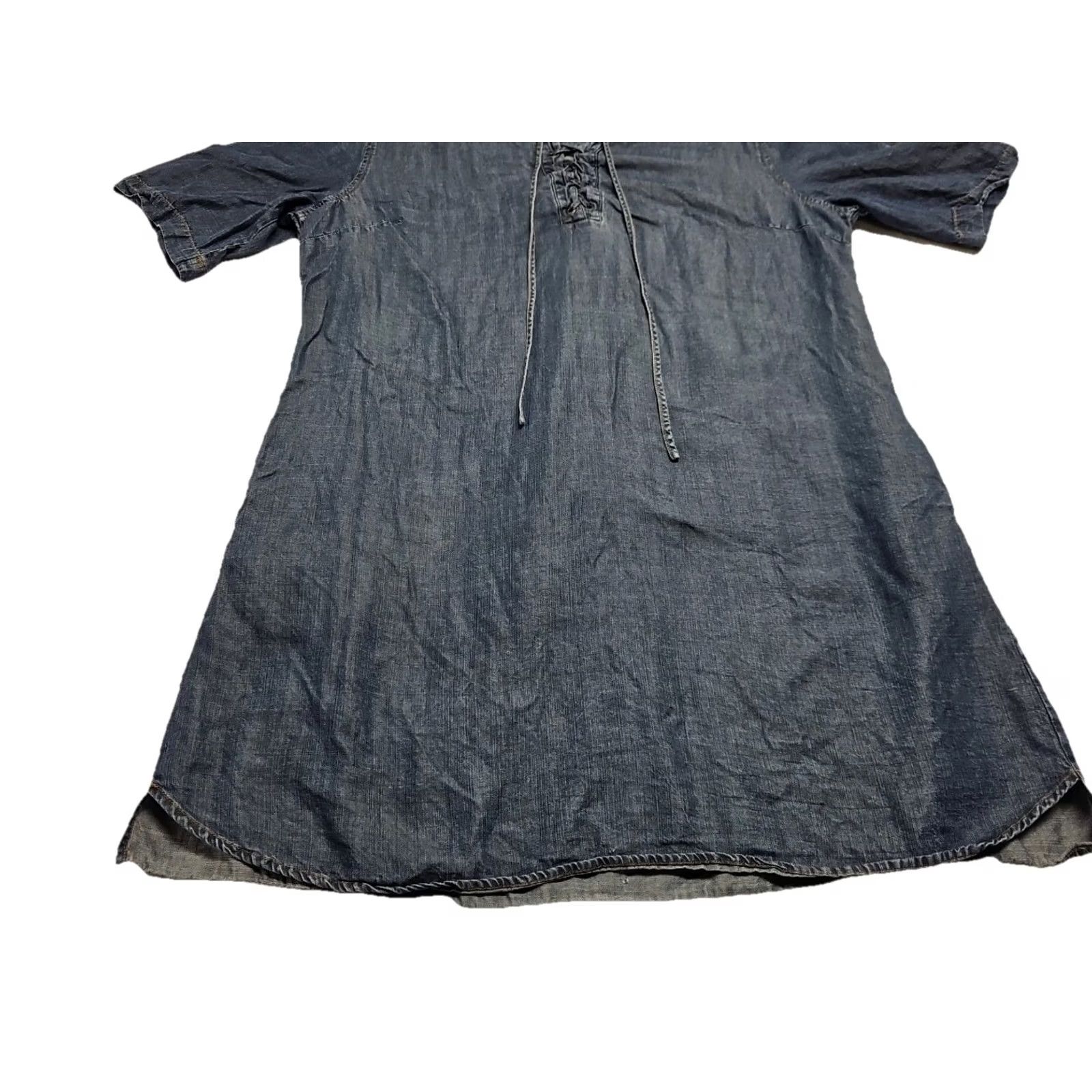 Vintage Philosophy Chambray Dress Womens XXL Blue 100% Tencel Lyocell Roll Tab Sleeve Short Sleeve V-Neck Casual Shift Dress Size XXL / US 16-18 / IT 52-54 - 4 Thumbnail