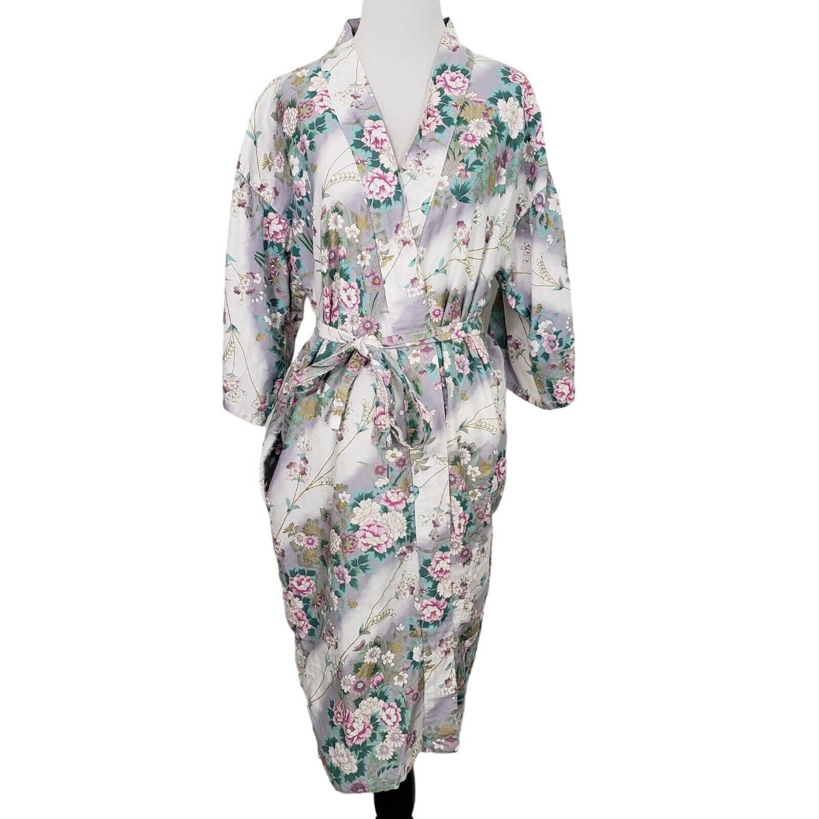 Designer Japanese Floral Robe Womens Size Medium Kimono Cotton Belted Size M / US 6-8 / IT 42-44 - 1 Thumbnail