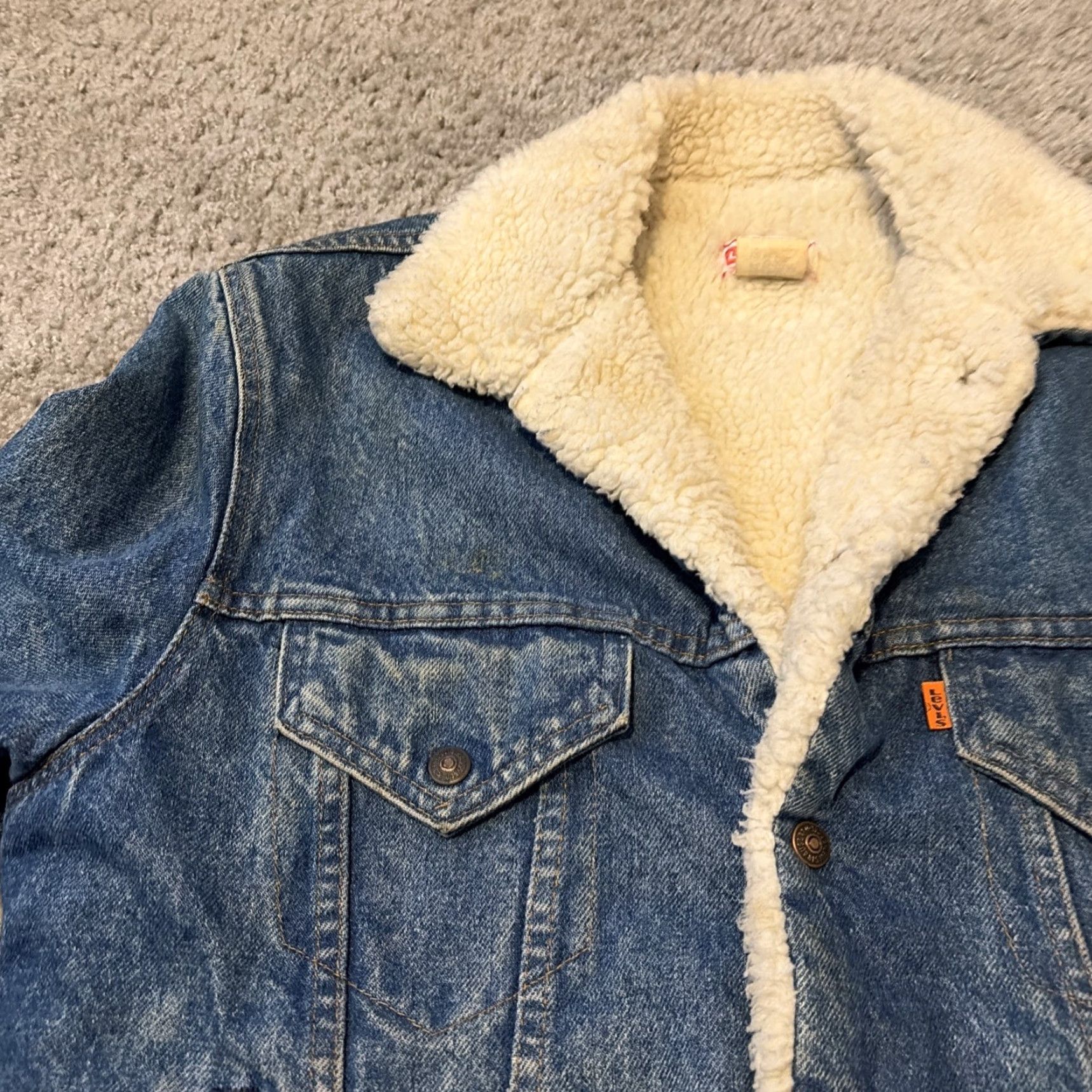 Levi's VINTAGE Levi's Orange Tab Denim Jean Sherpa Jacket L Large Mens 70s Bomber Orange Denim Jacket Size US 33 - 7 Thumbnail