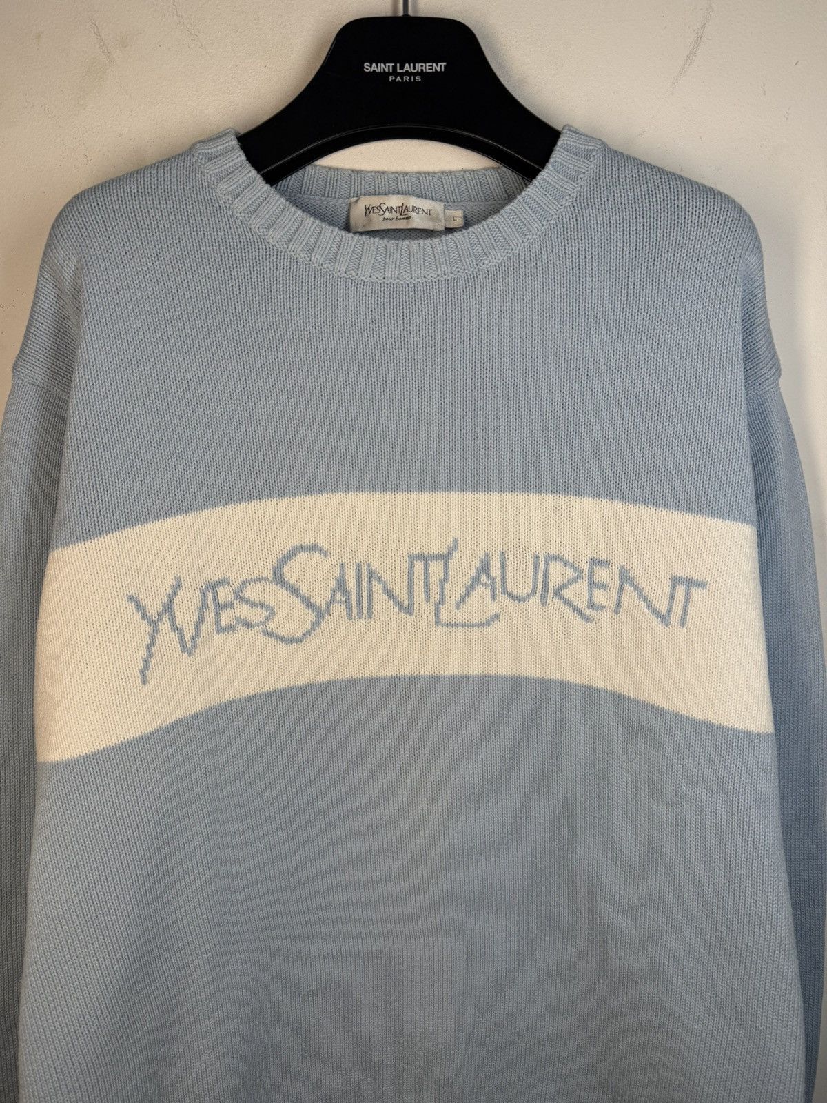 Yves Saint Laurent Blue YSL Sweater Knit Big Logo Vintage Paris Sweatshirt Rare Size US L / EU 52-54 / 3 - 6 Thumbnail