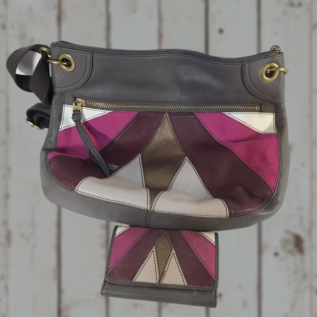 Fossil FOSSIL Women Leather Shoulder Bag Large Multicolor Colorblock 15in Travel Casual Cross-Body W-Matching Wallet Size ONE SIZE - 1 Thumbnail