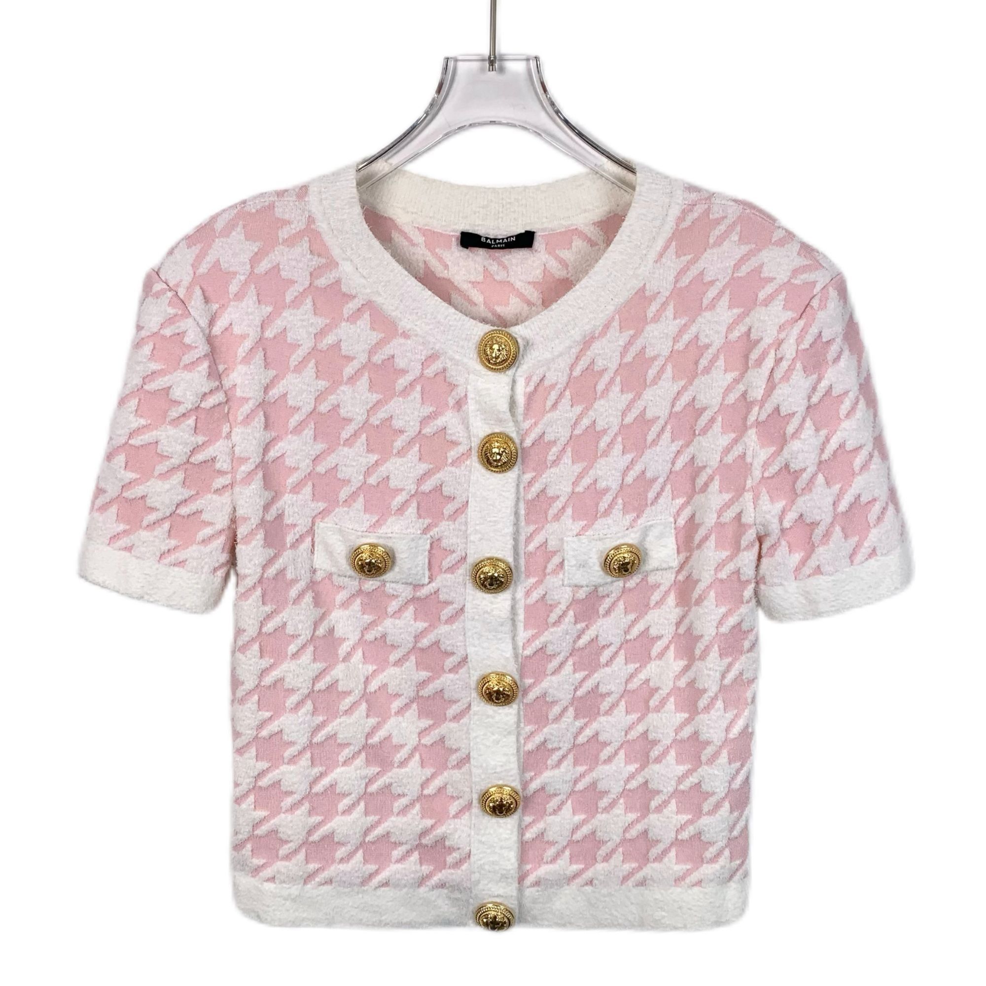 Balmain Balmain Paris Pink Houndstooth Knit Short Sleeve Cardigan Wi Size XS / US 0-2 / IT 36-38 - 1 Thumbnail