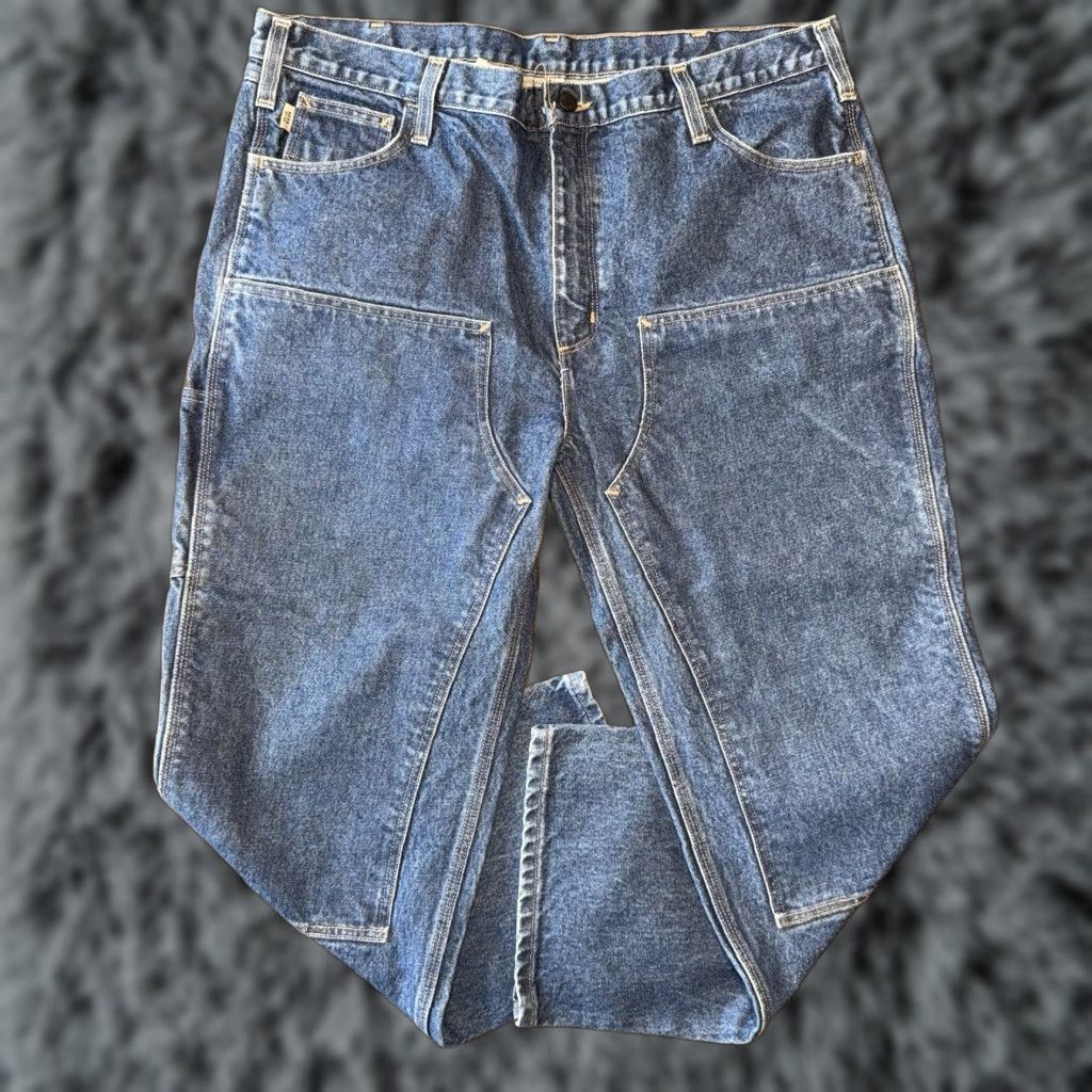 VINTAGE Carhartt Jeans Mens 42x30 Flame-Resistant FR Work Carhartt Double Knee Denim Blue 90s Grunge Mens