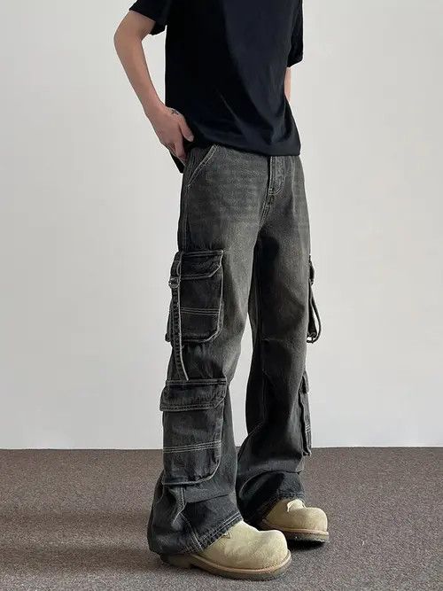 VIBE Black Washed Cargo Denim Jeans with Straps Size US 32 / EU 48 - 5 Thumbnail