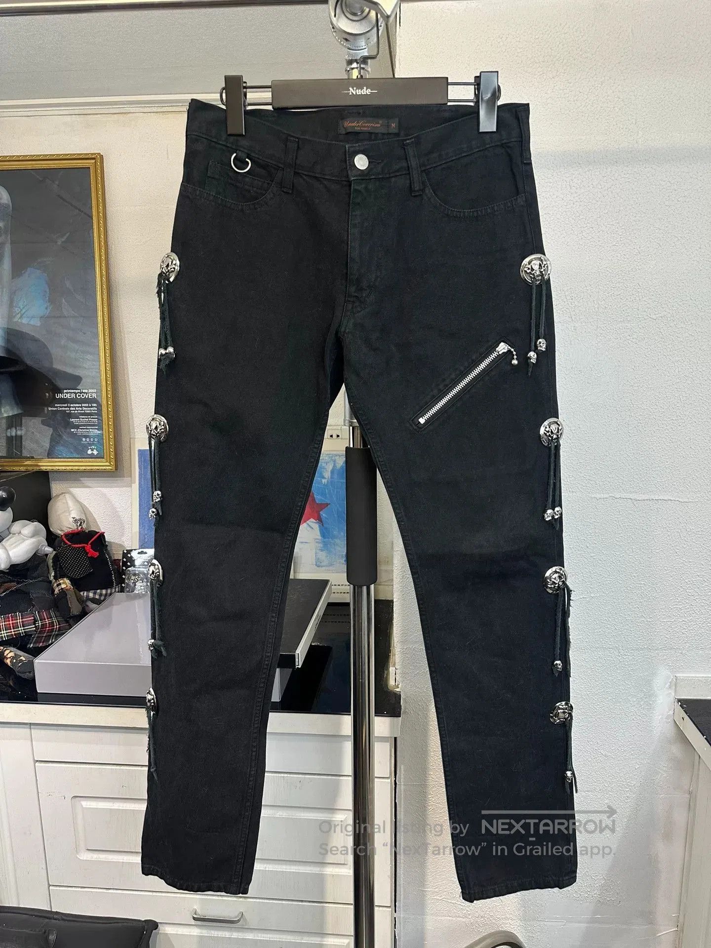 stylish black pants with unique features.