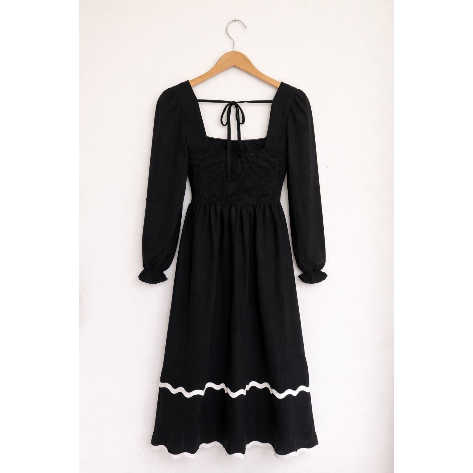Other BTFBM Black Midi Dress White Ric Rac Trim Long Sleeve Women’ Size S / US 4 / IT 40 - 2 Thumbnail