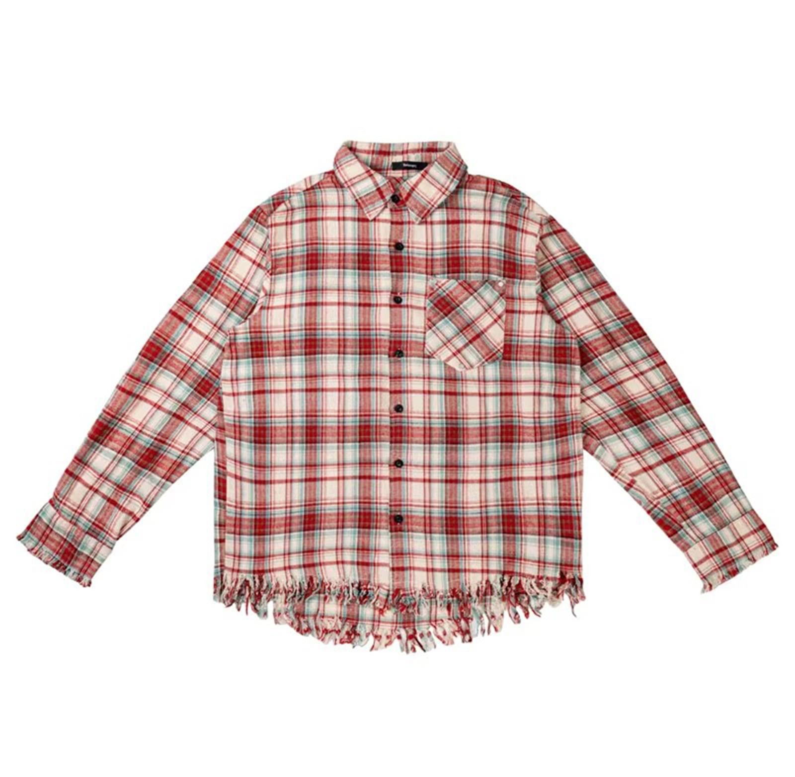 Japanese Brand Red Plaid Frayed Hem Casual Shirt, Long Sleeve Shirt Size US M / EU 48-50 / 2 - 1 Thumbnail