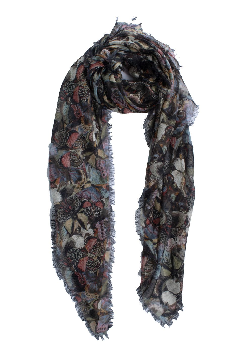 Valentino butterfly printed scarf with raw edge