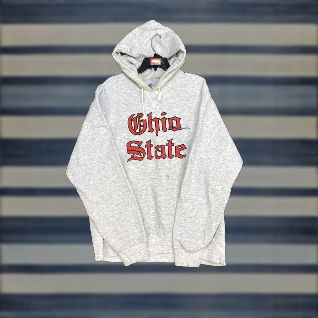 Champion VINTAGE Champion Ohio State Buckeyes Champion Hoodie Mens 2XL Gray Sweatshirt Old English 80s Buckeyes Logo Kangaroo Pocket Collagic College Size US XXL / EU 58 / 5 - 1 Thumbnail