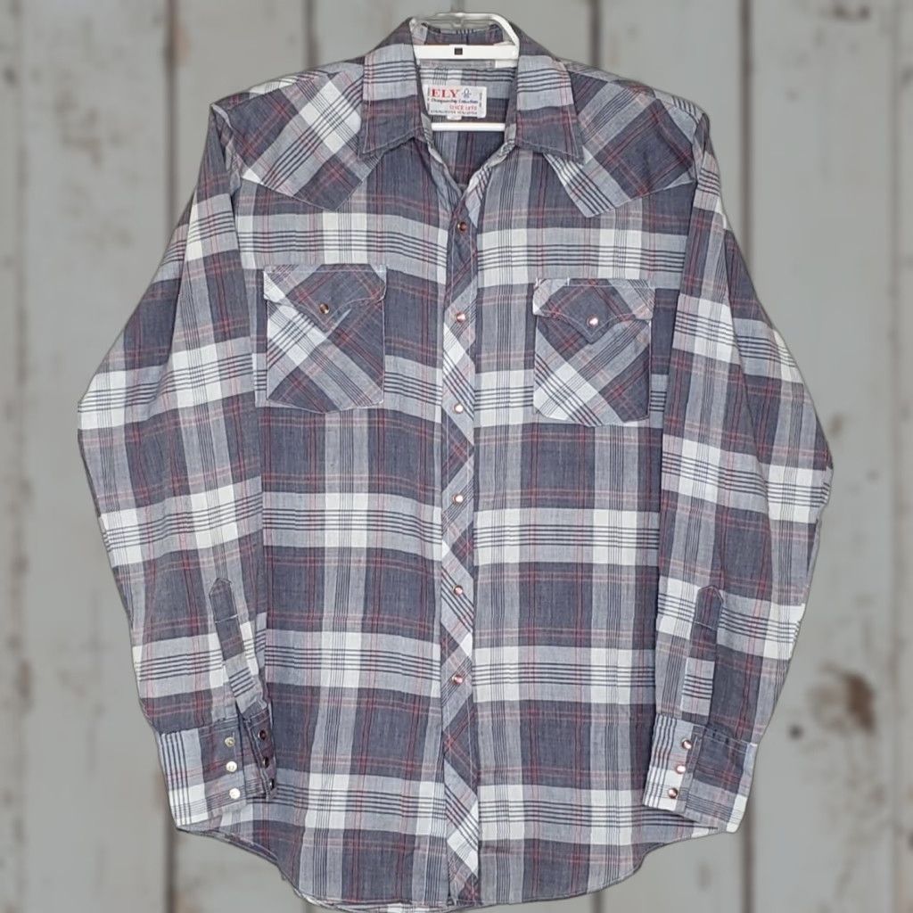 Vintage VINTAGE Ely Shirt Men Large L/S Gray Plaid Western Pearl Snap Lightweight W/ Pockets Size US L / EU 52-54 / 3 - 1 Thumbnail