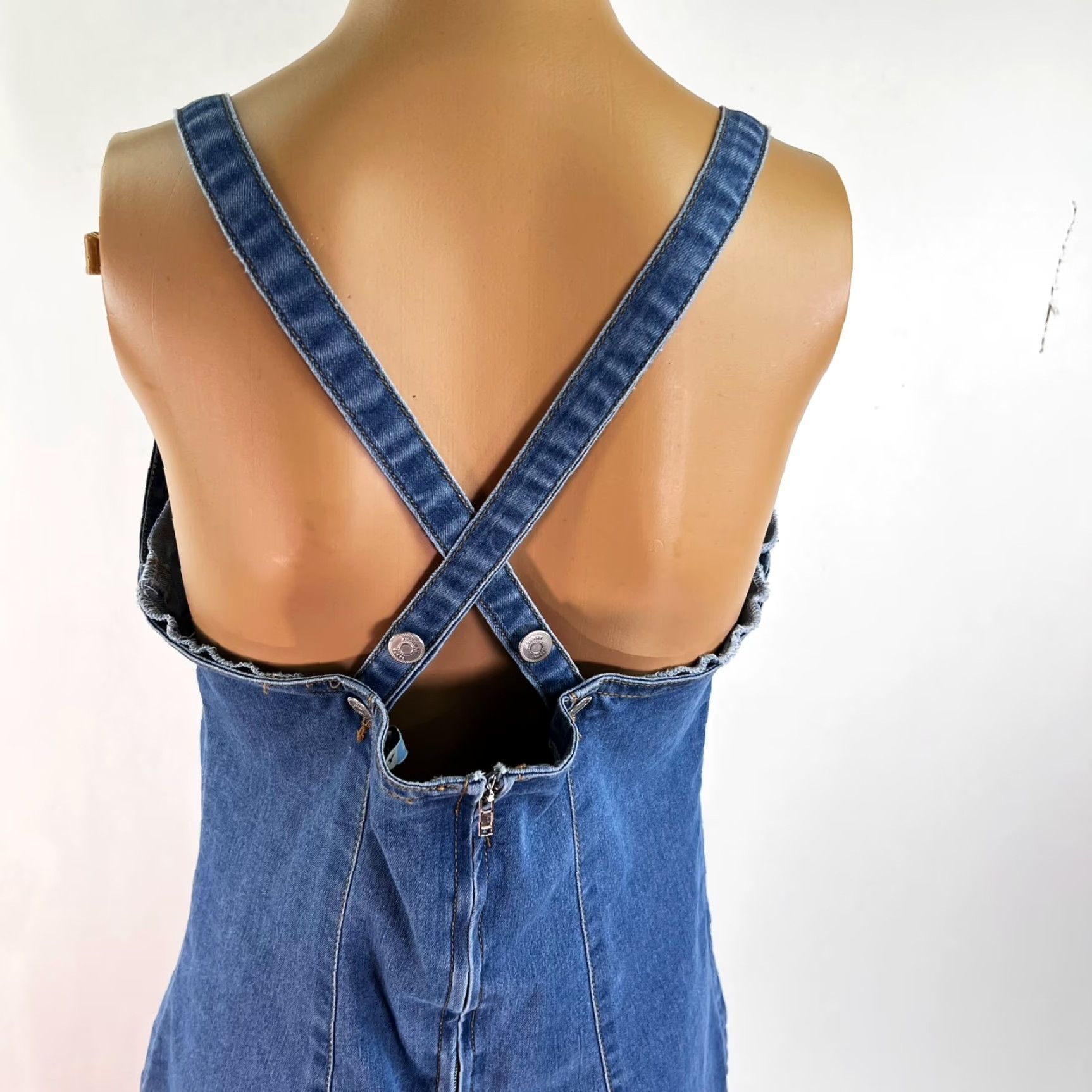 Denime VINTAGE Highway Jeans Denim Strapless Mini Dress Womens Size L Blue Cross Back Strap 90s Hippie Dress Womens Size 36" / US 14 / IT 50 - 5 Thumbnail