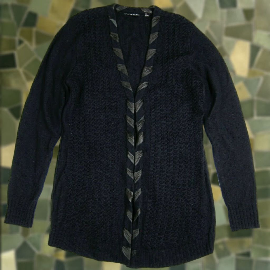 Elie Tahari VINTAGE Elie Tahari Cardigan Navy Blue 100% Wool Knit Women Large Open Neck Leather Trim Cardigan Sweater Size L / US 10 / IT 46 - 1 Thumbnail