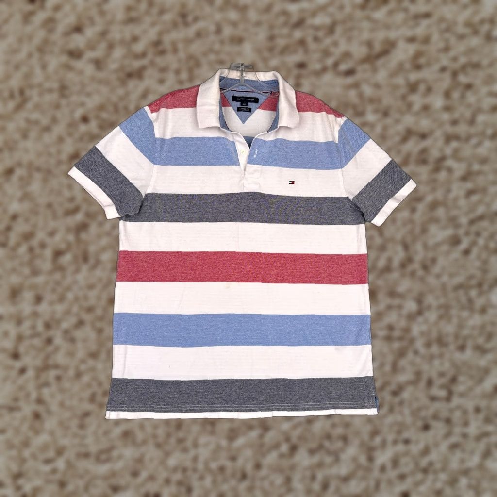 Tommy Hilfiger Tommy Hilfiger Polo Shirt Men Large White Blue Red Stripe Cotton Custom Fit READ Size US L / EU 52-54 / 3 - 1 Thumbnail
