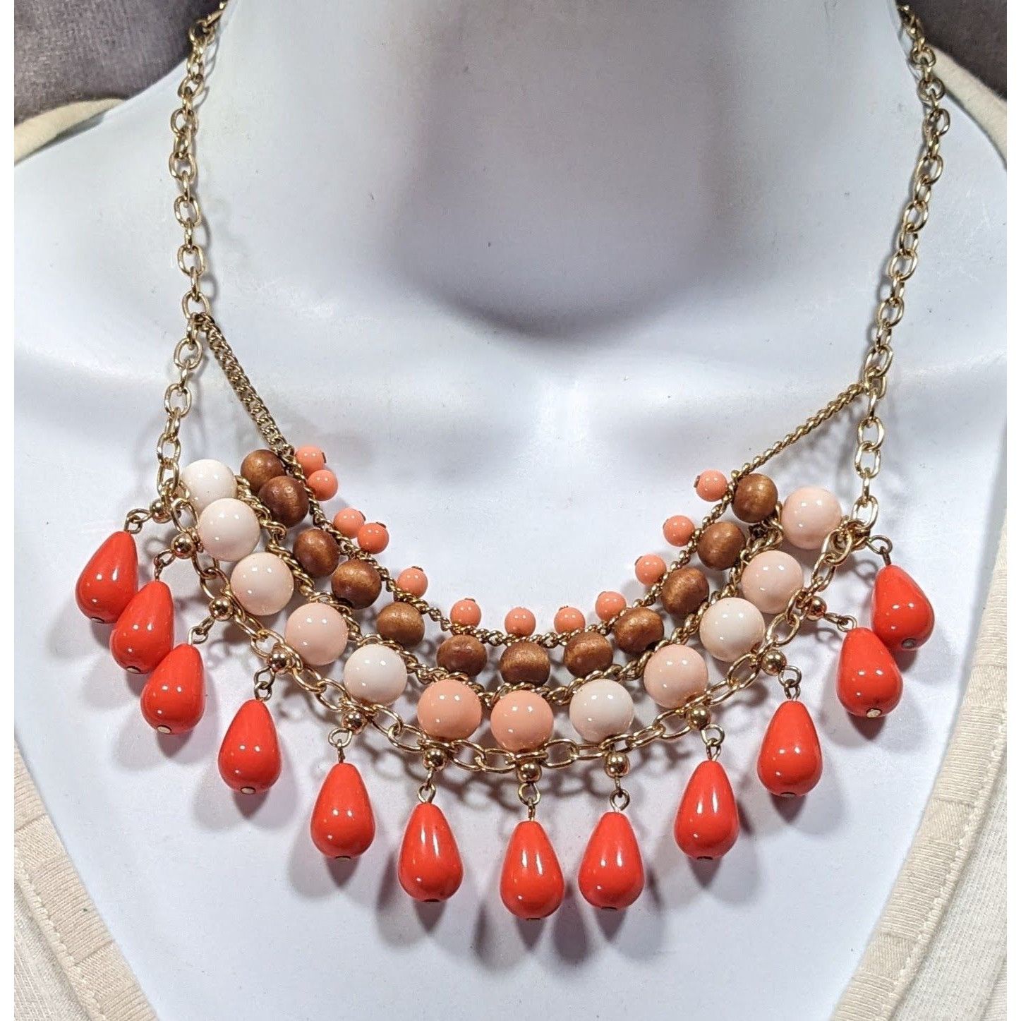 Other Retro Bohemian Orange And Pink Beaded Fringe Bib Necklace Size ONE SIZE - 2 Thumbnail