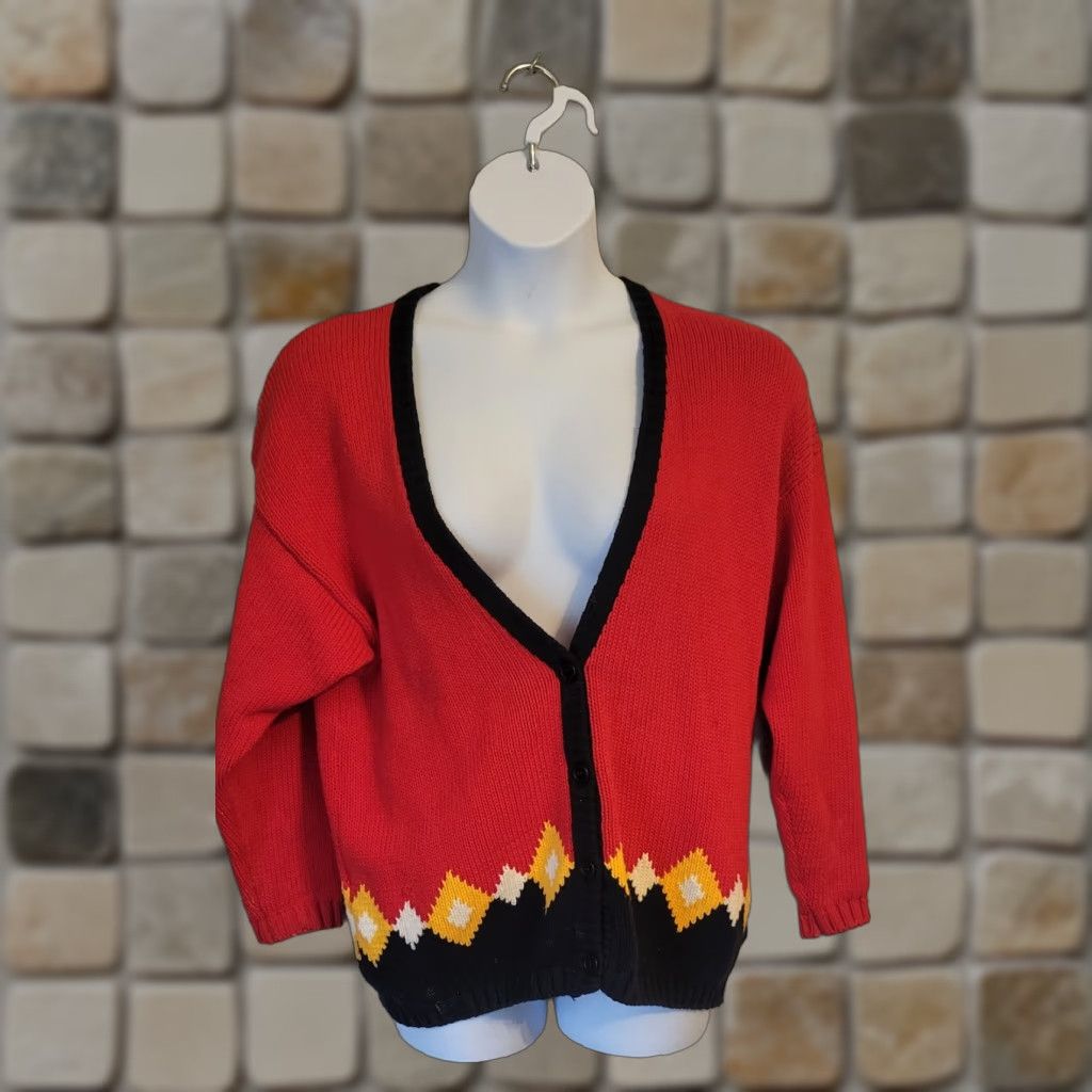 Izod VINTAGE Rare 80s Izod Lacoste Diamond Argyle Cardigan Sweater L Red Cotton Geometric Mens Women? Size US L / EU 52-54 / 3 - 1 Thumbnail