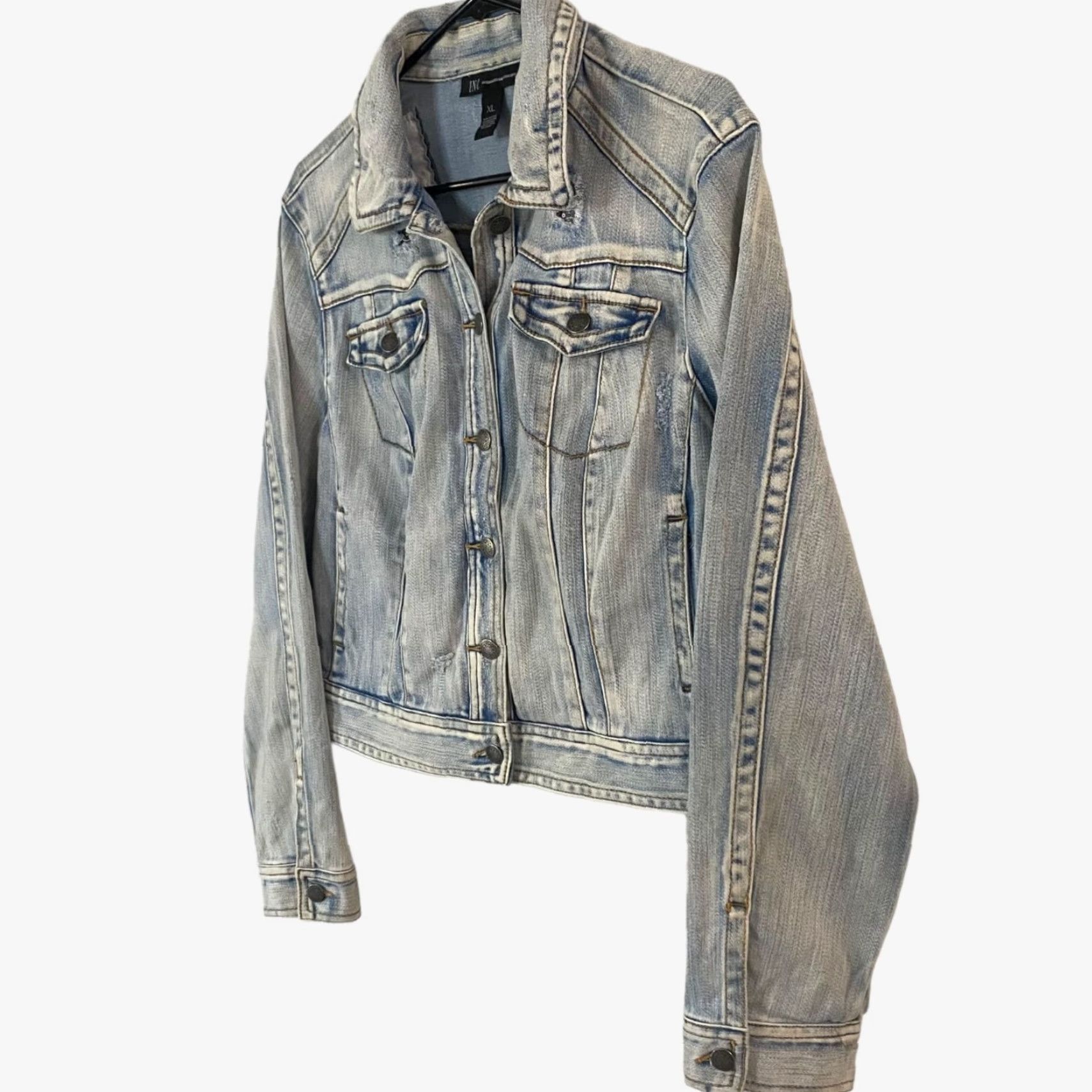 Vintage I.N.C. International Concepts Denim Jacket Sequin Distressed Button-Up Light Wash Women XL Blue City College Women Size XL / US 12-14 / IT 48-50 - 2 Thumbnail