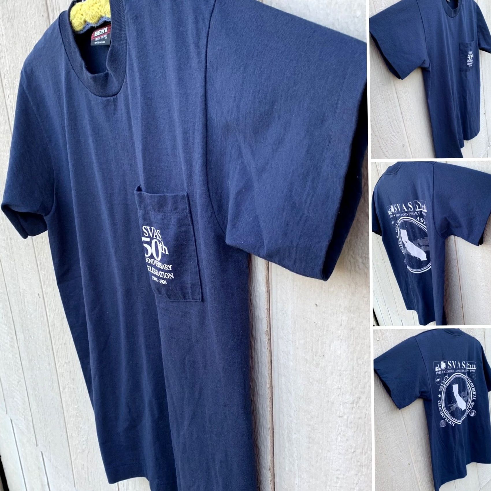 Fruit Of The Loom VINTAGE Fruit of the Loom SVAS 50th Anniversary Celebration pocket tee 1995 Astronomical M Blue Unisex Shirt 1990s Boys Girls Mens Womens Size US M / EU 48-50 / 2 - 2 Thumbnail